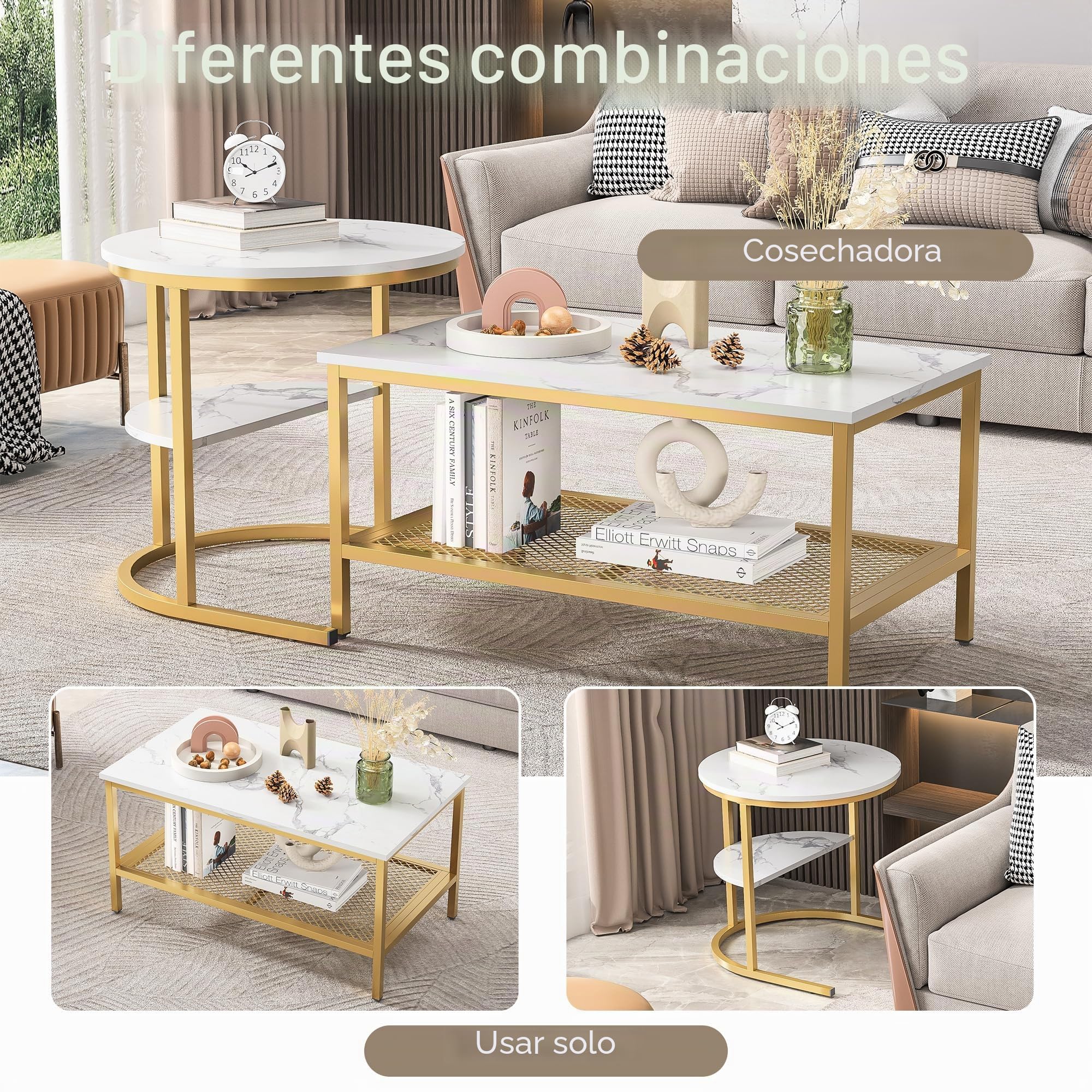 BFYDOAA - Juego de 2 mesas auxiliares nido con marco de metal para sala de estar: doble capa, mesa baja de mármol moderna, fácil de montar
