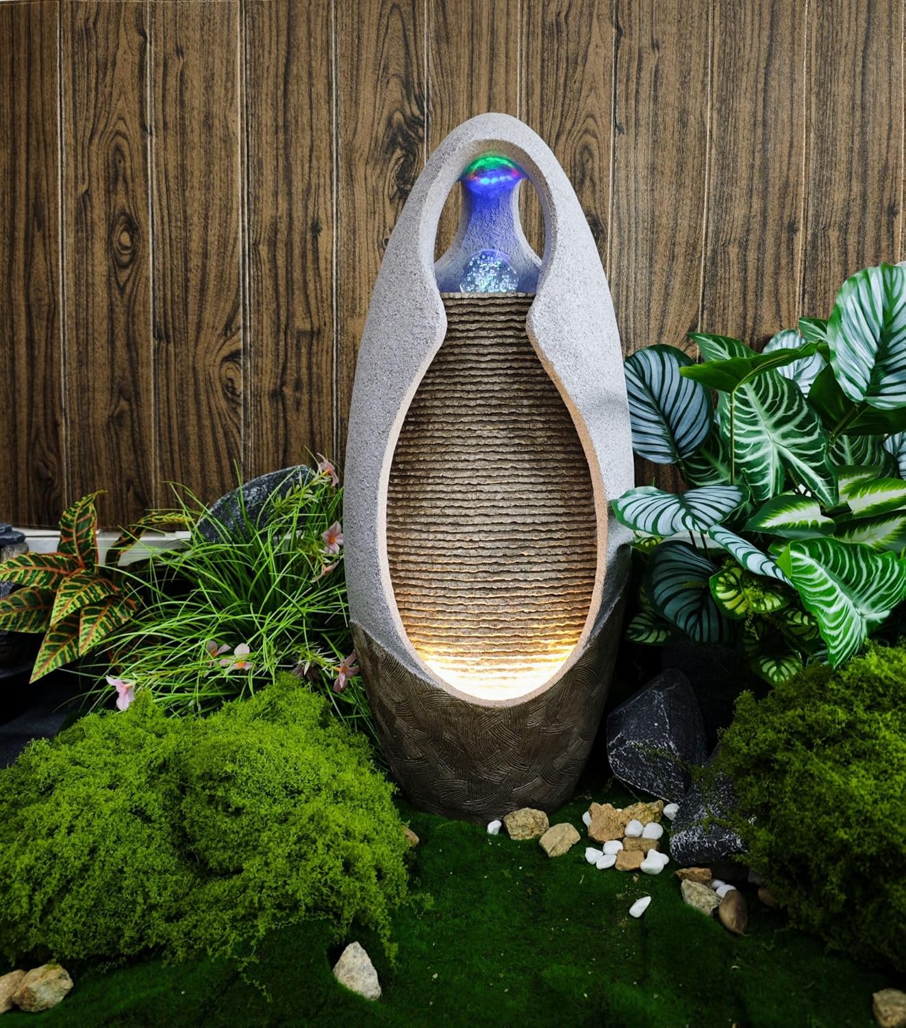 Floor-Standing Fountain Super Large Waterfall (27.55"), Gray Modern Style. The Waterfall Fountain with Rotating LED Light Ball Suits Home Living Room & Corner Decor, Featuring a Rotating Light Ball.