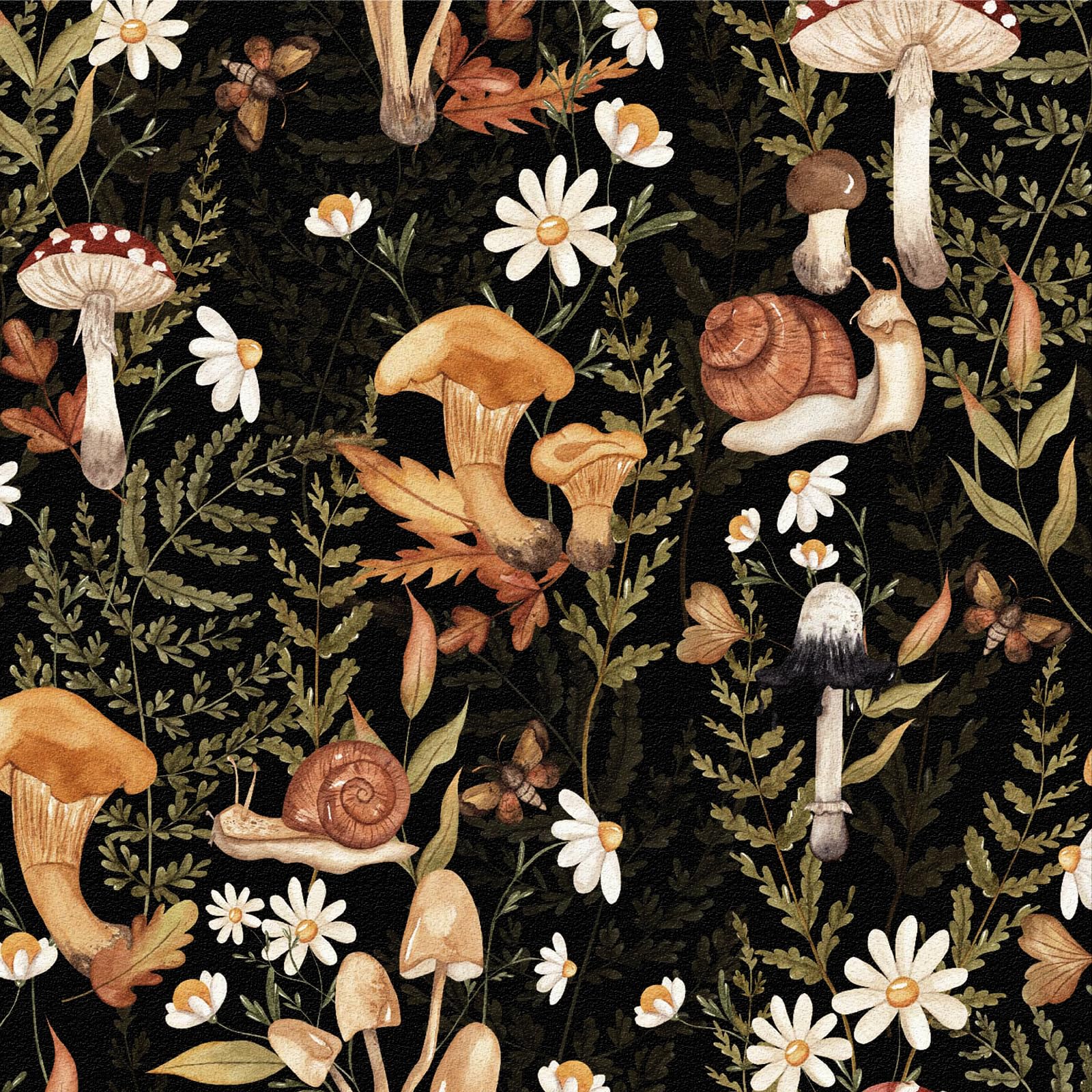 Mushroom Peel and Stick Wallpaper, 44x300cm Self Adhesive Forest Wallpaper with White Flowers Black and Green Leaves Snails Boho Self Adhesive Furniture Wrap for Living Room,Bathroom, Furniture