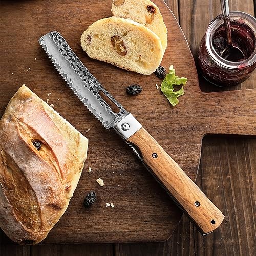 Miniatura 3 de SENBON Cuchillo de pan japonés plegable de bolsillo de acero inoxidable forjado 440 Mango de oliva natural viaje de camping portátil al aire libre