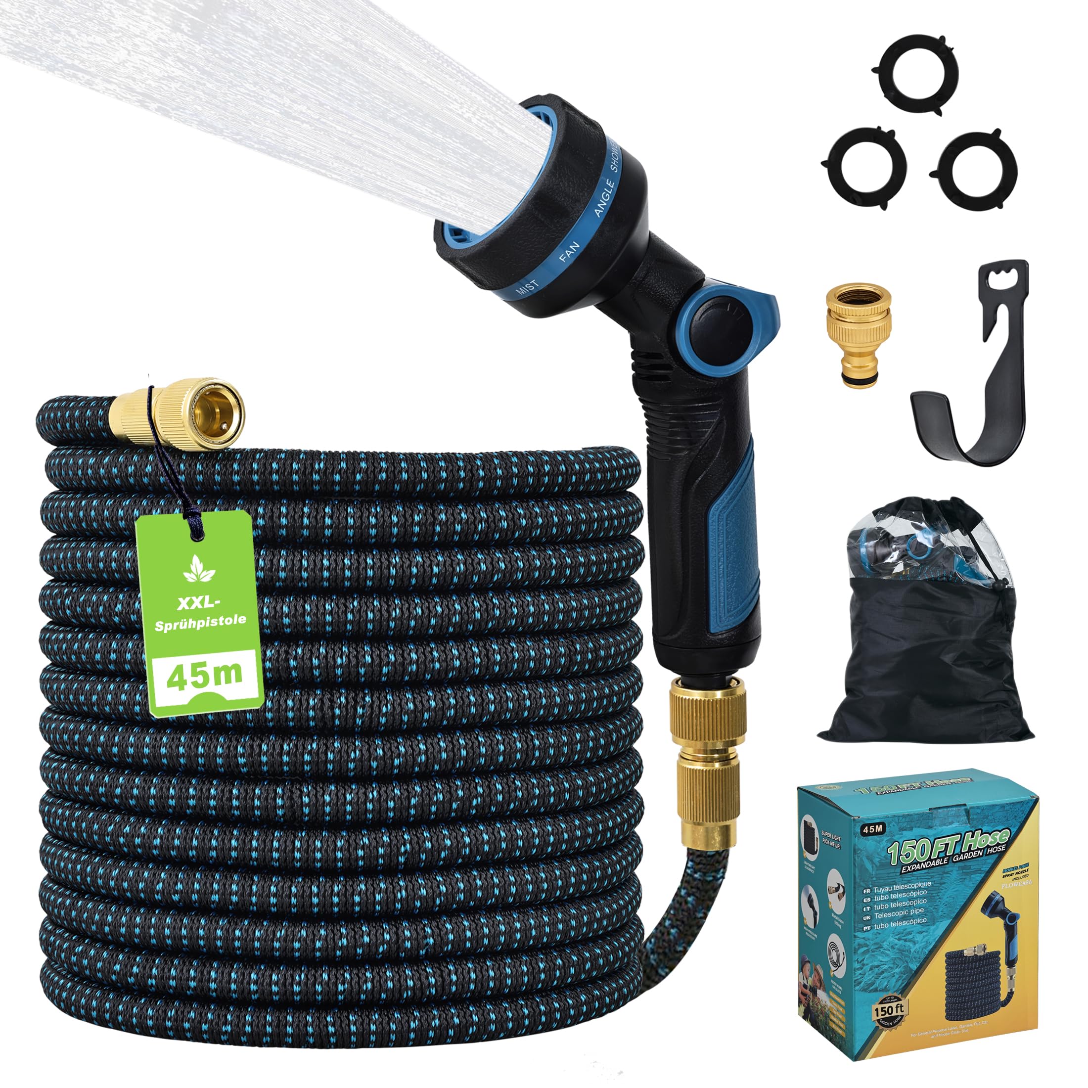 Flexibler Gartenschlauch 45m – Automatisch Einziehbar, XXL-Pistole 24cm, 10 Strahlarten, Doppel-Metallverbinder, TPE 2500D, Geschenkbox - Blau/Schwarz
