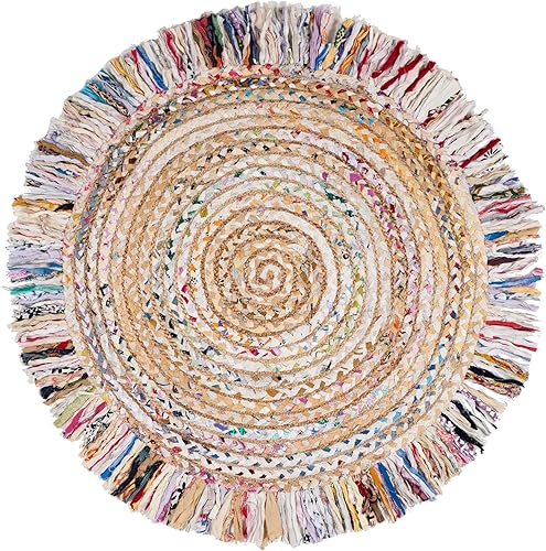 Miniatura 6 de SAFAVIEH Cape Cod Collection CAP206A - Alfombra redonda de yute y algodón, 8 pies, hecha a mano, con flecos, color marfilrojo