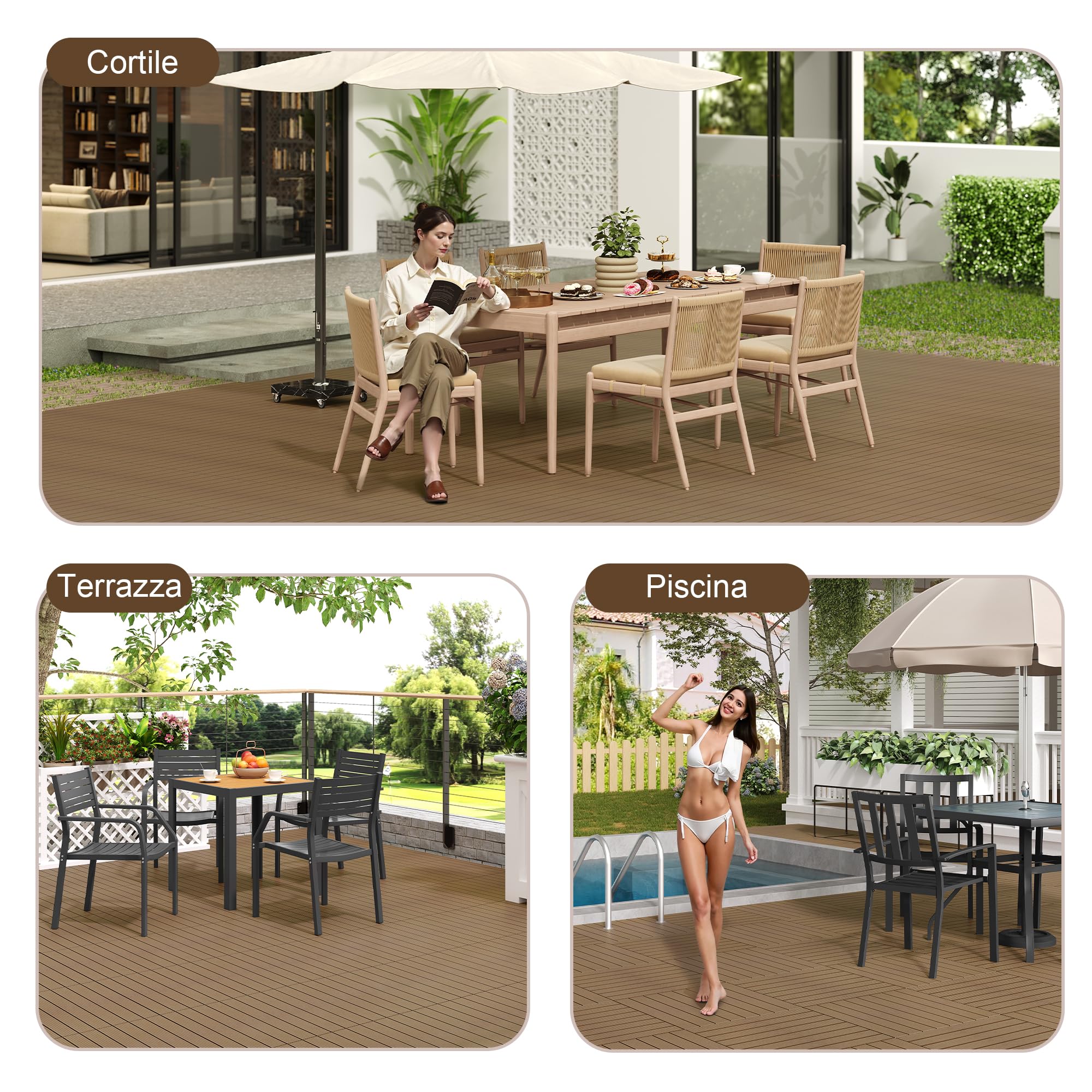 Laneetal Set di 12 Pavimento per Esterno, Pavimento WPC Incastro, per Giardino, Patio, Terrazza, Balcone, Pavimentazione Esterna 30x60 cm, Marrone Chiaro