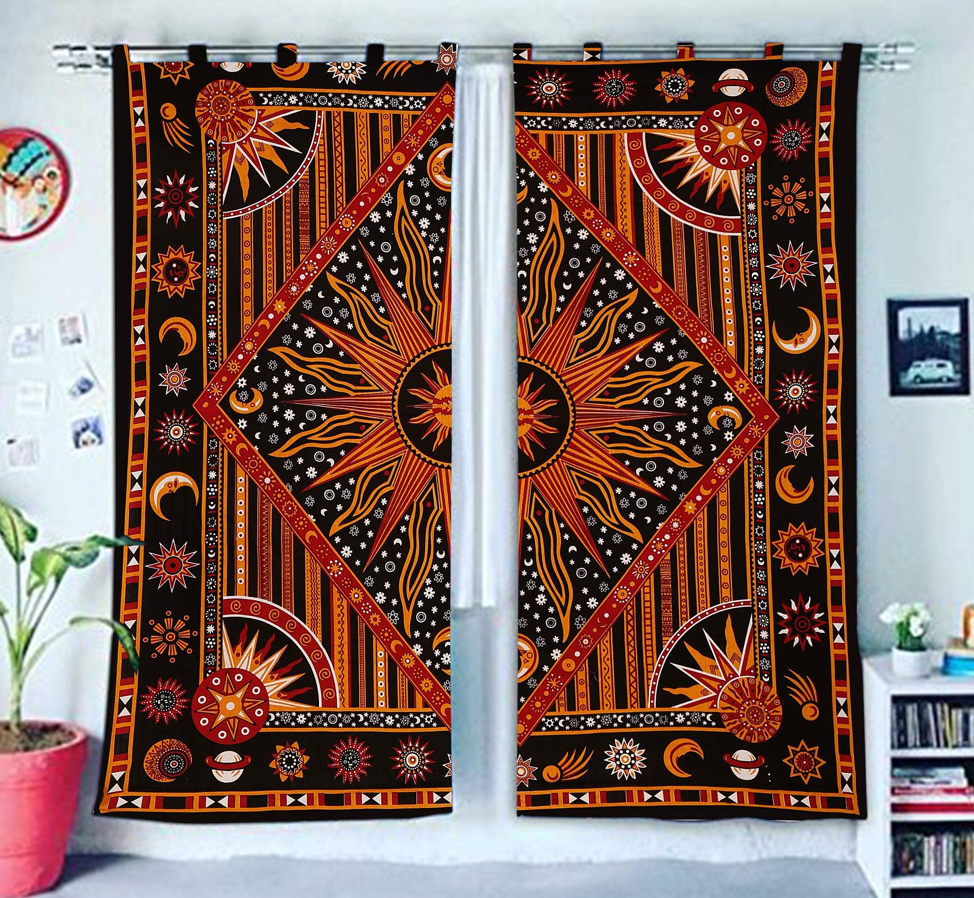 Burning Sun Hippie Gypsy Home Decor Room Darkening Window Treatments & Valance Bedroom Decor Living Room Decor Handmade Wall Hanging Boho Door Cotton Bohemian Mandala Tapestry Curtain Balcony Sheer Room Divider Balcony Sheer Indian Drapes 2 Panel Set
