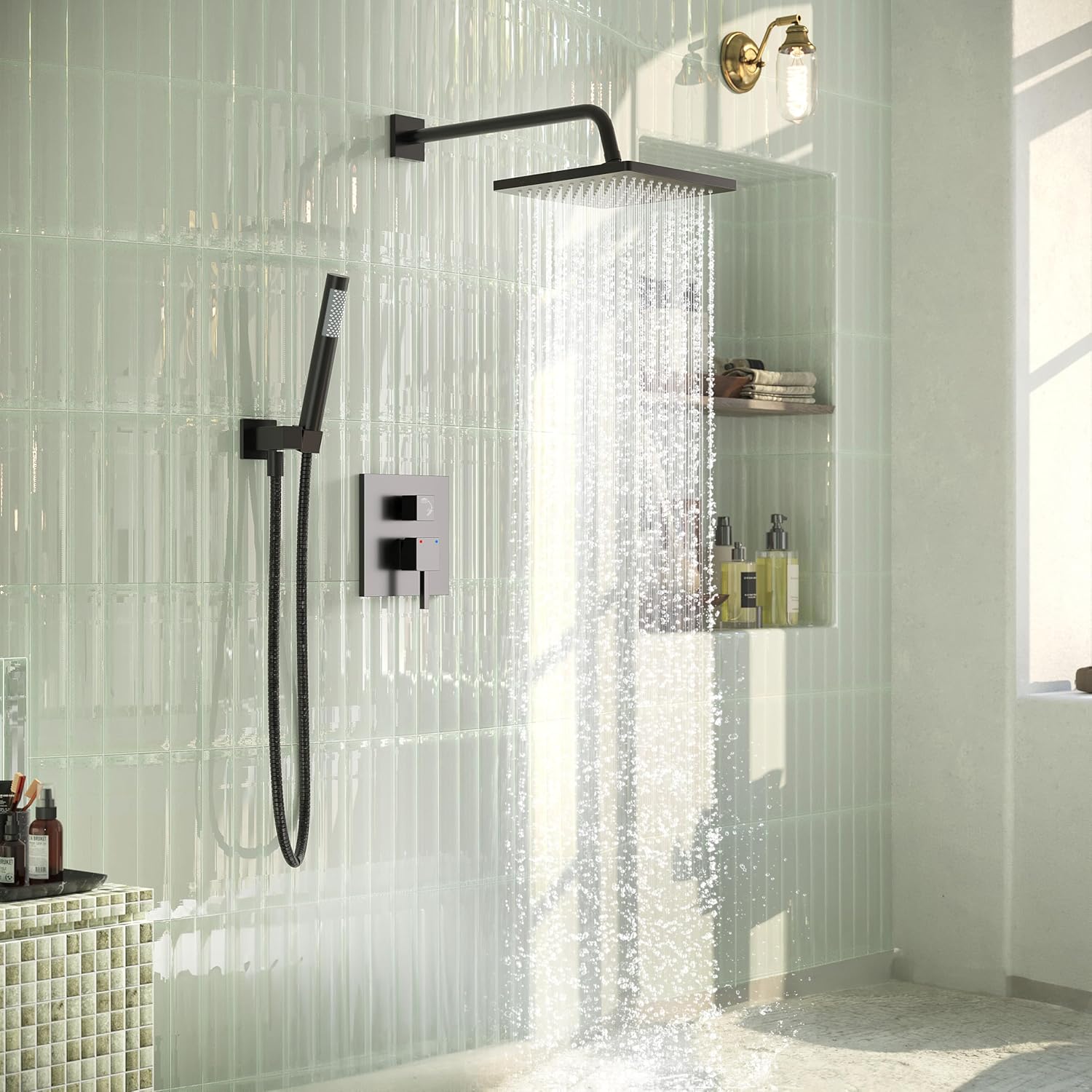 Esnbia Shower Faucet Set, Black Shower System with 10 Inches Rain Head and Handheld Spray, 2 Way Valve Kit, Matte Black