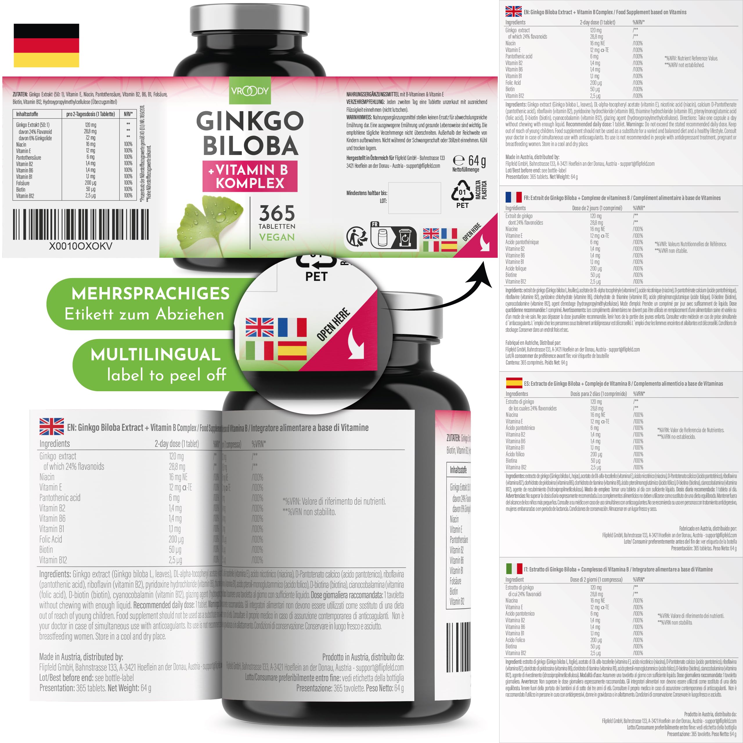 VROODY estratto vegano di Ginkgo Biloba ad alto dosaggio - la vitamina B12 contribuisce a ridurre la sensazione di stanchezza e di spossatezza - 365 piccole compresse, di facile assunzione