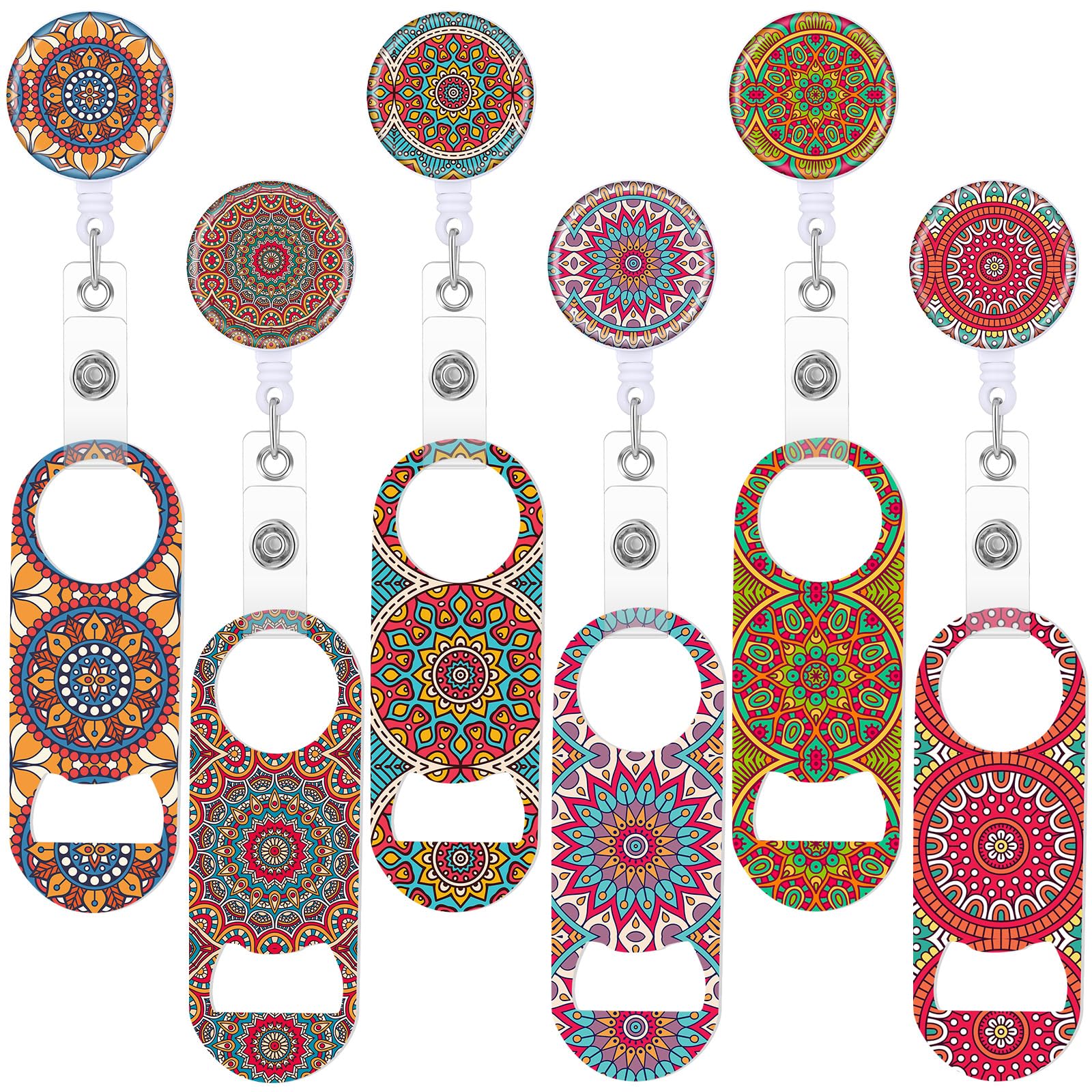 Irenare 6 Pcs Flat Bottle Openers Retractable Bar Keys for Bartenders Stainless Steel Beer Bottle Opener with Belt Clip and Round Badge Reel Bartender Gifts for Women Men(Mandala Style)