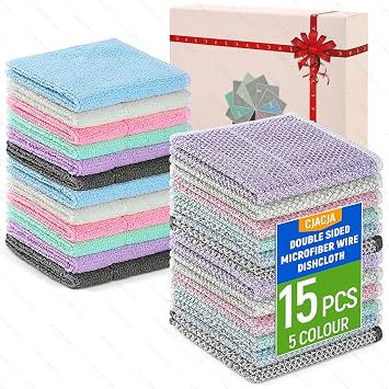 Double Side Non Scratch Wire Dishcloth 15pcs-Multipurpose Wire Dishwashing Rags Wire Mesh Cleaning Cloth,Kitchen Towels and Dishcloths Sets Microfiber Cloth for Cleaning Pans Sinks & Cookware