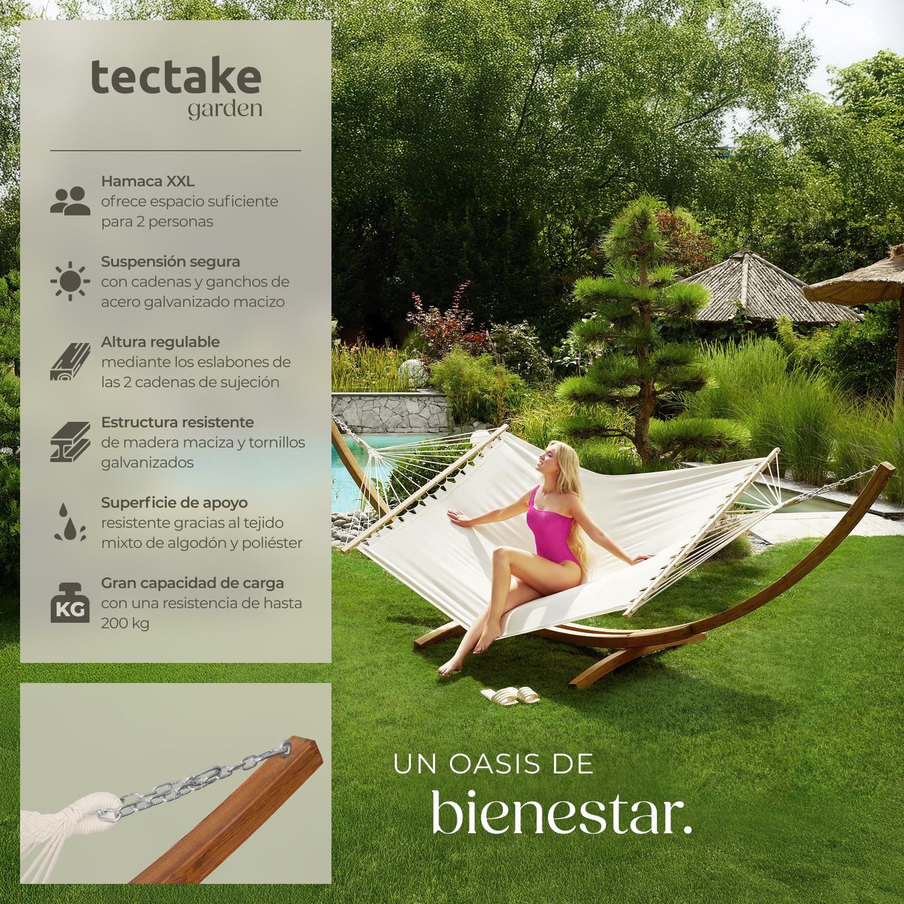 tectake® Hamaca Jardin XXL Colgante para 2 Personas, Robusta, Tumbona Jardin Exterior y Terraza, Cama Doble, Montaje Fácil, con Accesorios, Ideal para Camping y Camper Furgoneta - Blanco