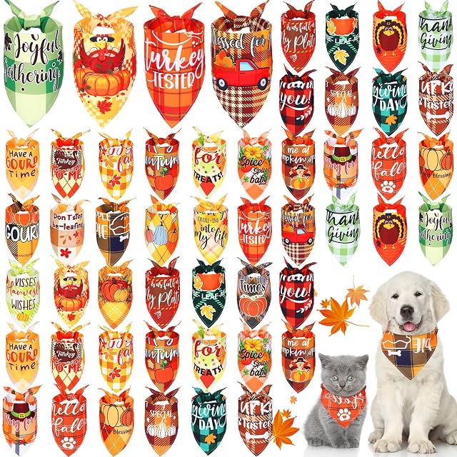 Silkfly 60 Pcs Fall Dog Bandanas Bulk Plaid Bandanas for Dogs Autumn Scarf Bibs Thanksgiving Adjustable Triangle Scarves