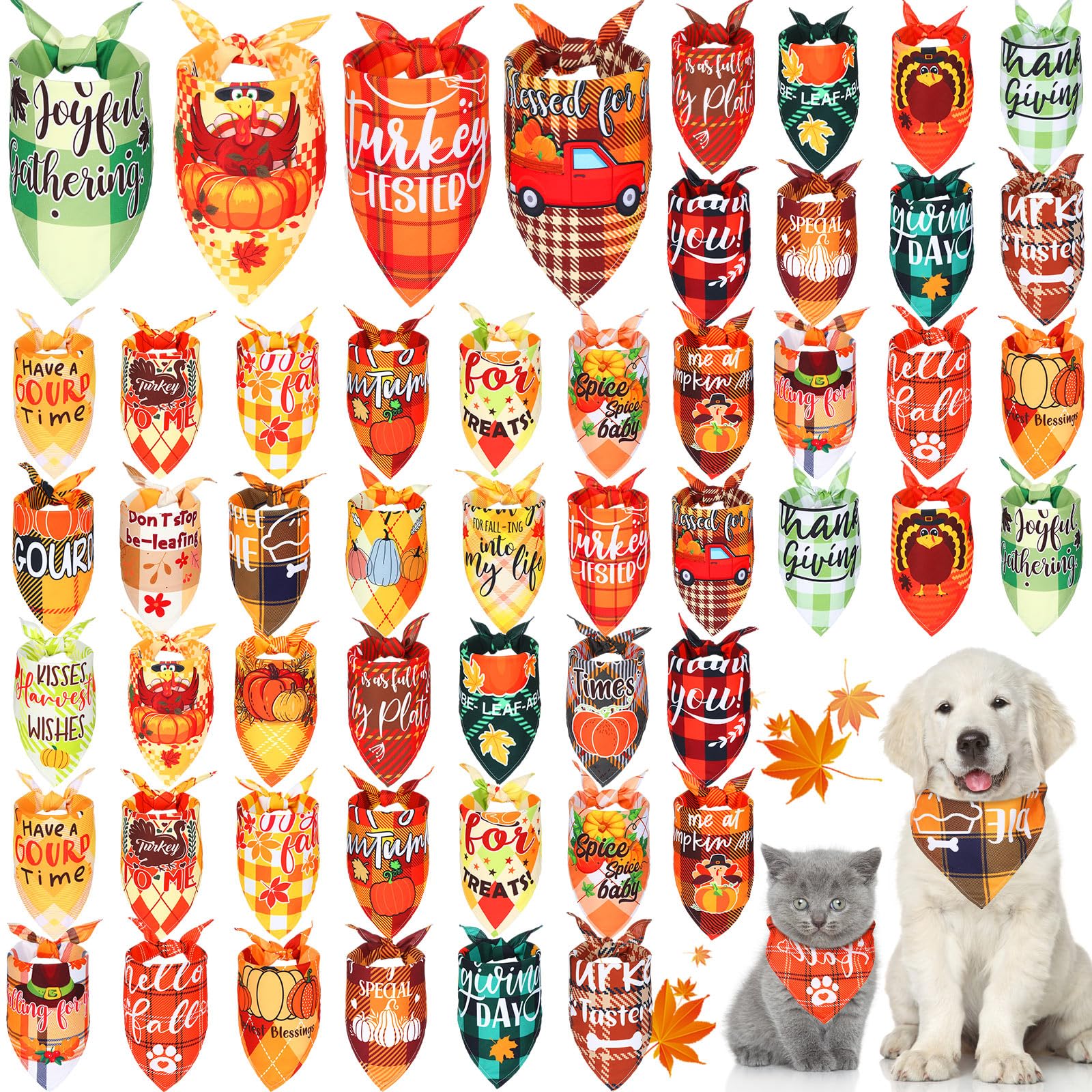 Silkfly 60 Pcs Fall Dog Bandanas Bulk Plaid Bandanas for Dogs Autumn Scarf Bibs Thanksgiving Adjustable Triangle Scarves