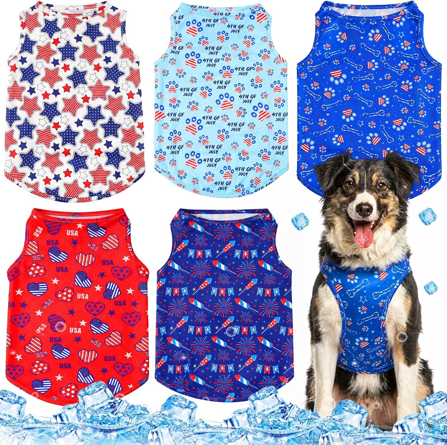 Talltalk 5 Pack 4th of July Dog Cooling Shirts Quick Dry Vest American Flag Mesh Breathable Instant Sun Protection Cooling Dog Vest Patriotic T-Shirts for Holiday Party Outdoor Walking Hunting(M)
