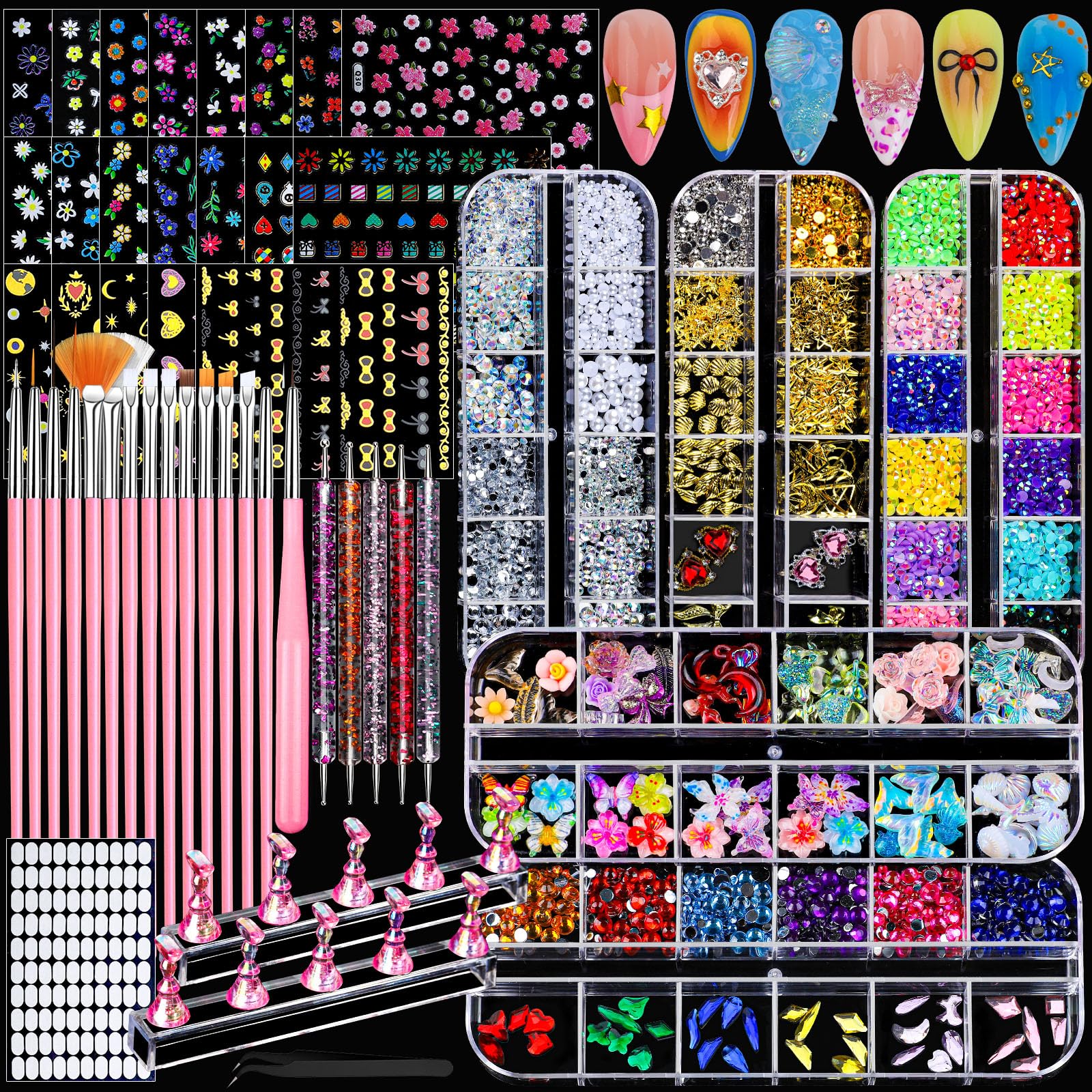 FANDAMEI Nail Art Kit, 5 Boxes Nail Charms and Gems for Bedazzling with 2 Set Press On Nail Stand, 20 Sheets Nail Stickers&15 Pink Nail Art Brushes&5 Nail Dotting Tools, Nail Supplies for Nail Design