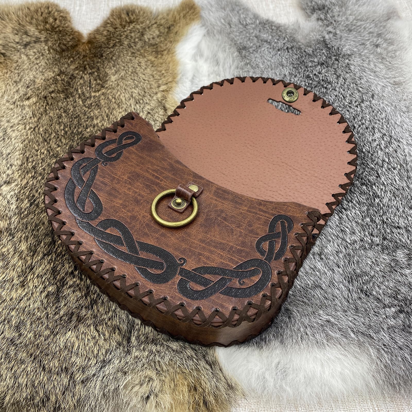HiiFeuer Ceinture médiévale avec Anneau torique en Relief Nordique, Ceinture Vintage en Cuir synthétique et Poche latérale pour LARP