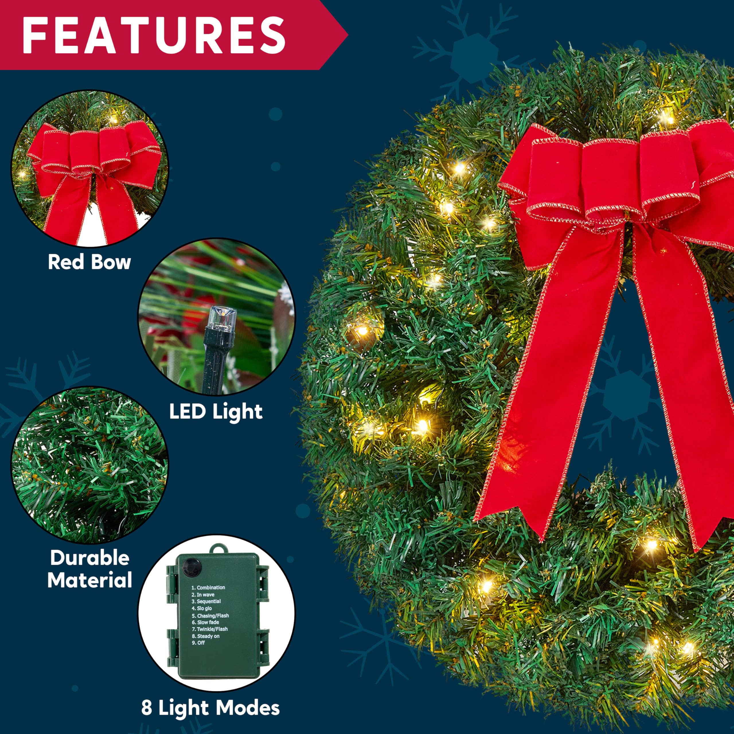 Joiedomi Couronne de Noël de 48,3 cm avec lumières LED, 3 couronnes pour Porte d'entrée, fenêtres, Salon et décorations de Noël