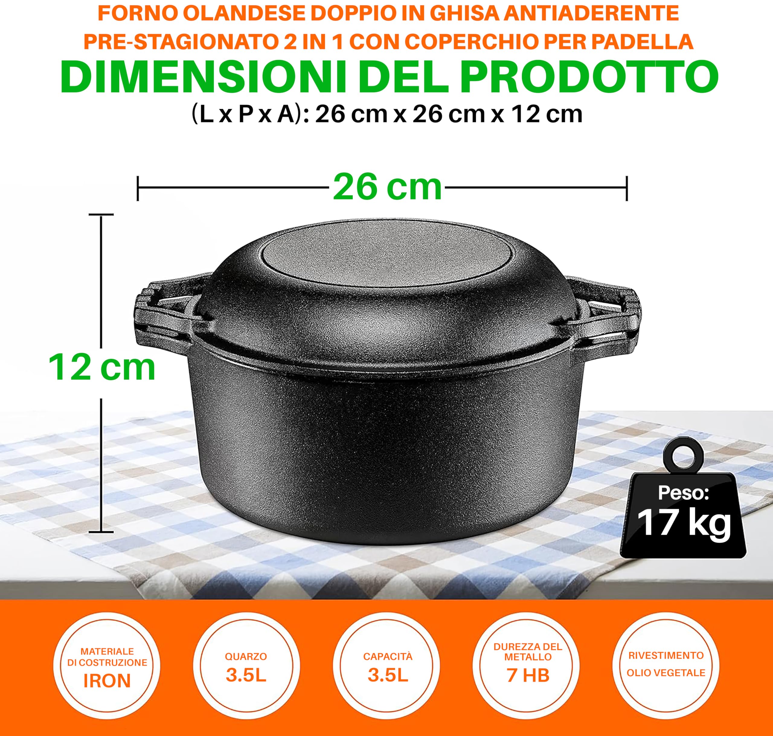 NutriChef Forno Olandese in Ghisa, Antiaderente Pre-Stagionato Doppio, Pentola e Coperchio con Manico, Adatto per Forno, Stufa, Griglia e Campeggio