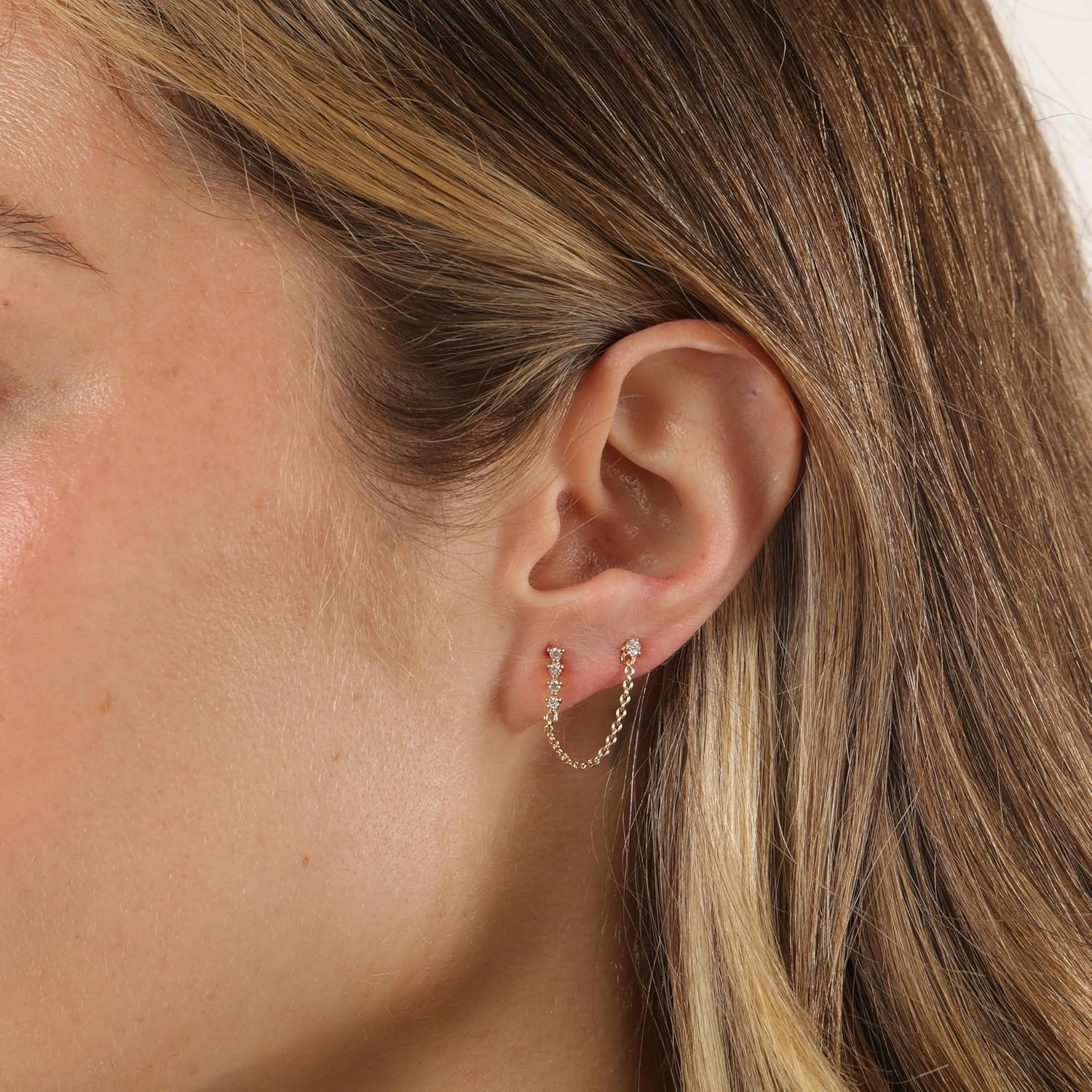 Lavari Jewelers 1/8 Carat Lab Grown Diamond Double Piercing Dangle Earrings for Women - 18k Yellow Gold Plated Sterling Silver 13.2mm Dangling Chain Earrings for Her - Hypoallergenic Push Back Drops