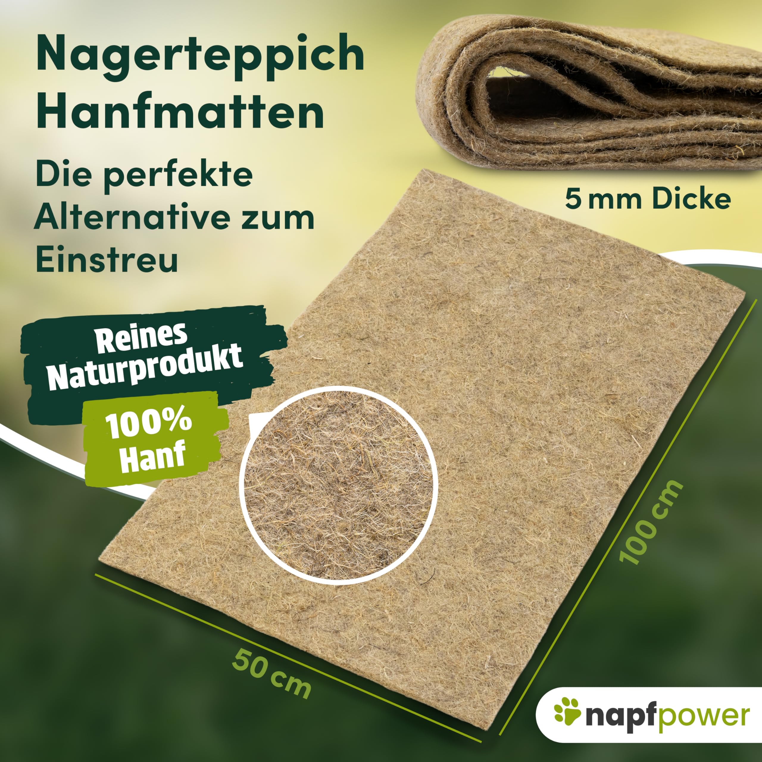 Hanfmatten für Nager (5 STK.) - Größe 100 cm x 50 cm, 5 mm Dicker Nagerteppich aus 100% Hanf - Nagermatten für Kaninchen, Hasen, Hamster - biologisch abbaubare Hanfmatte (5er Set)