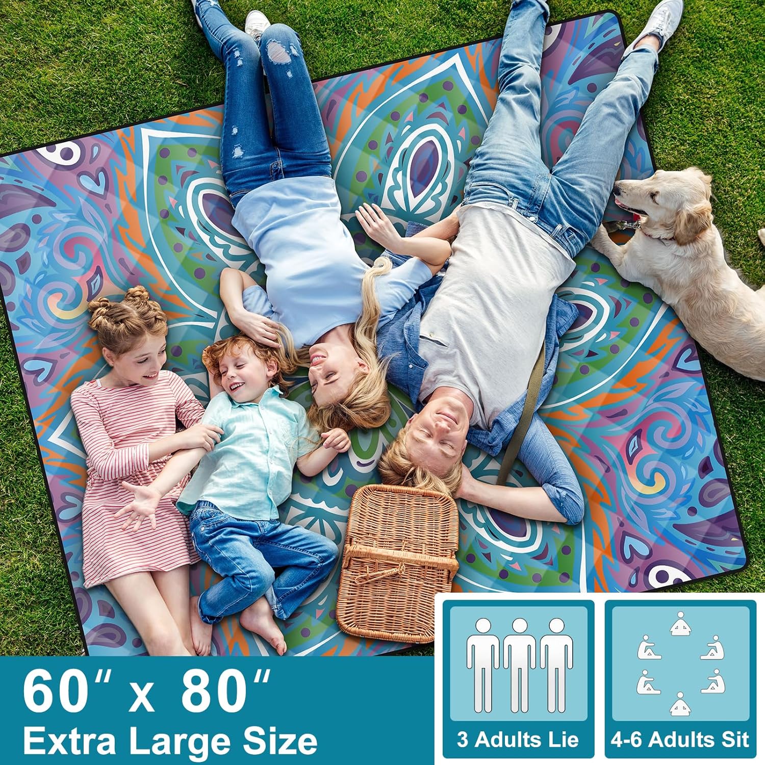 60x80" Large Boho Picnic Blankets Outdoor Water proof Sand proof Beach Blanket Packable Patio Grass Park Camping Mats Camper Hiking Must Haves Gifts Car Road Trip Gear Outside Rv Travel Stuff