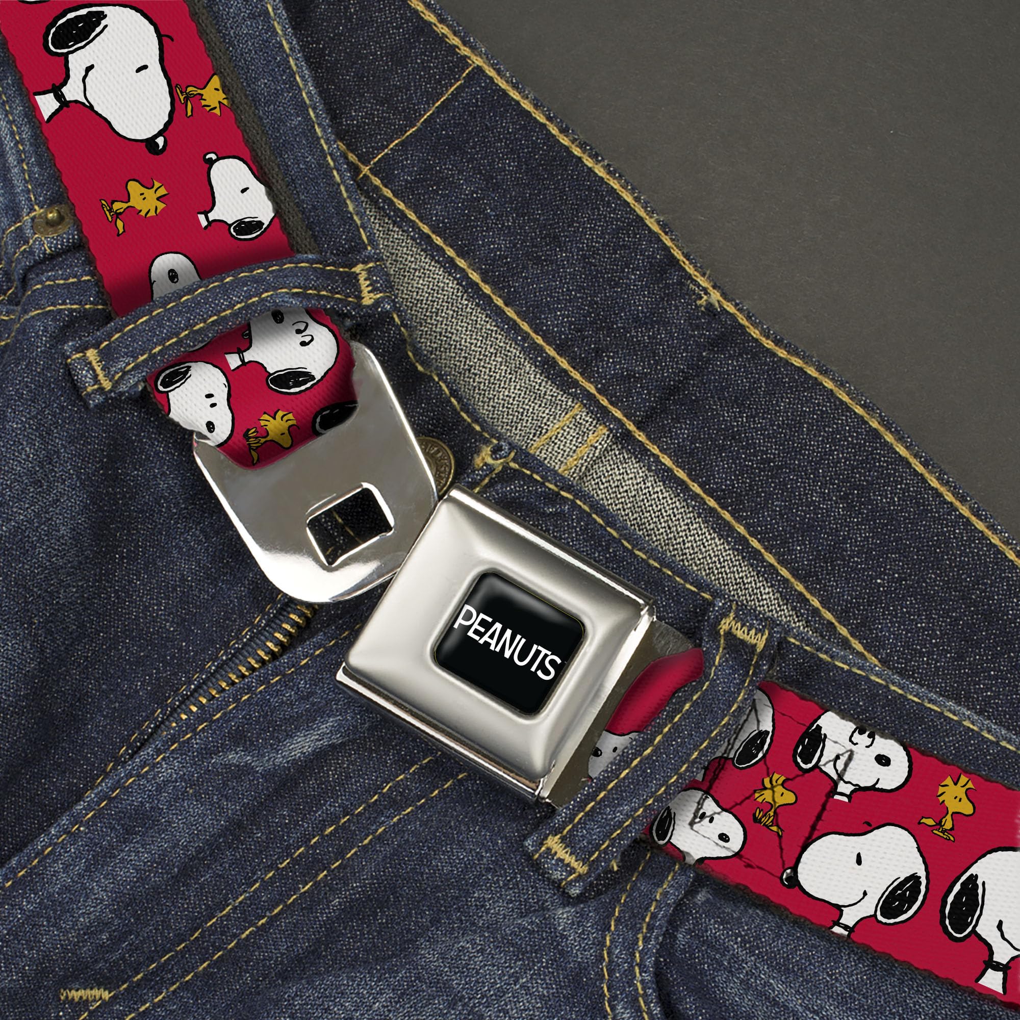 Peanuts Worldwide LLC Belt, Seatbelt Buckle Belt, Peanuts Snoopy and Woodstock Poses Scattered Red, Youth 20 to 36 Inches