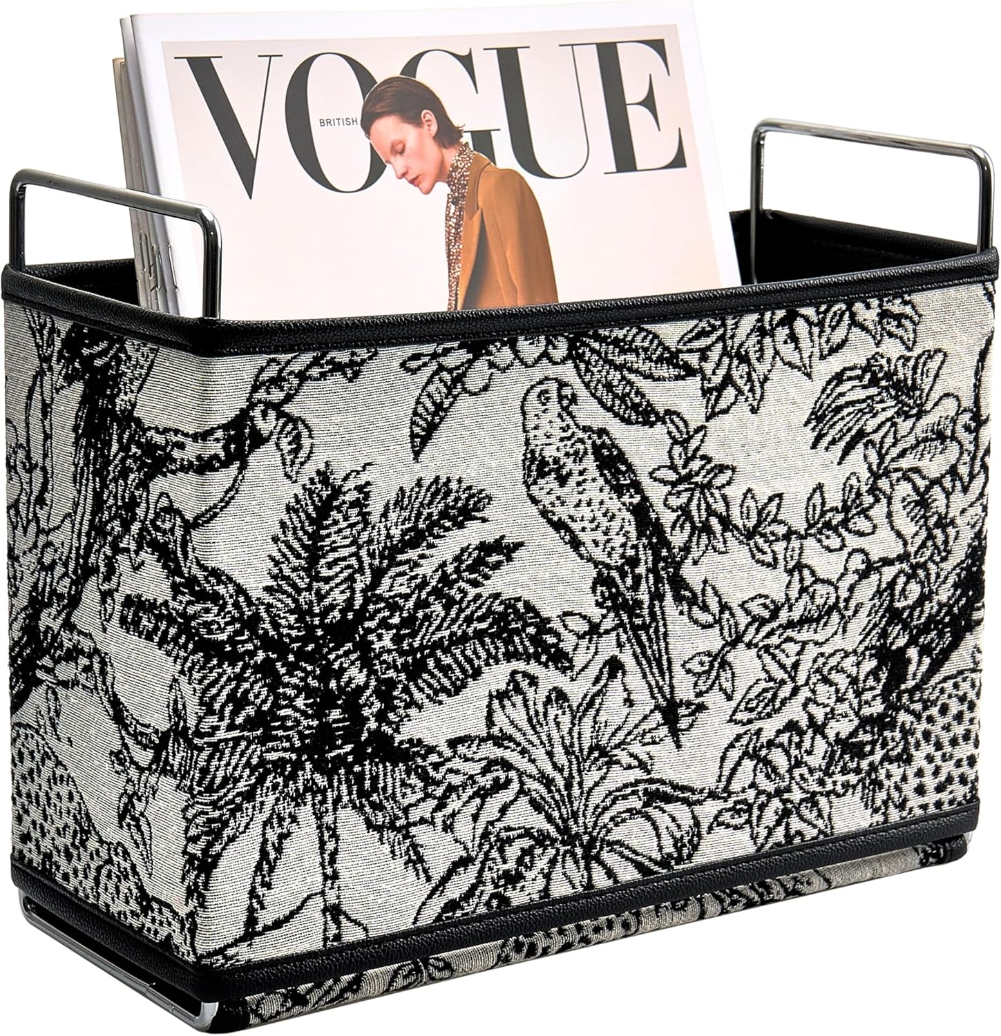 Jungle Theme Magazine Holder - Black & White Embroidered Fabric Magazine Rack Floor, Vintage Faux Leather Newspaper Book Basket Box for Bathroom, Living Room and Toilet (Random Pattern)