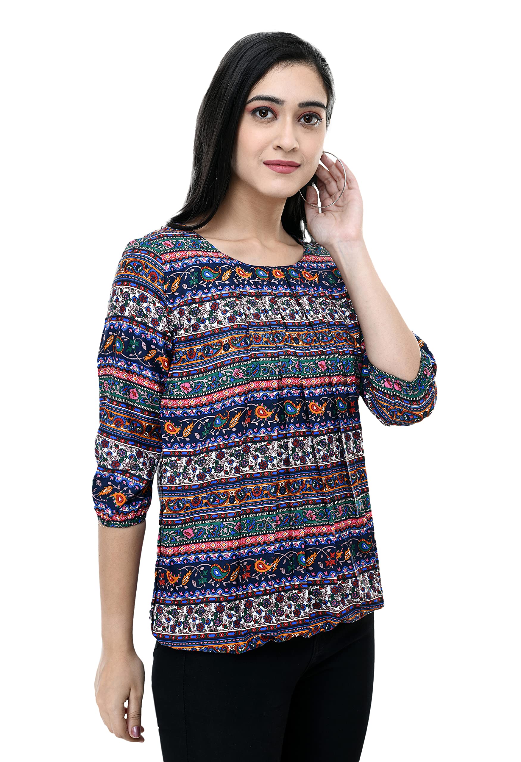 Shiva Trends Women's Printed Short Sleeve Round Neck Multicolor Small Size Top