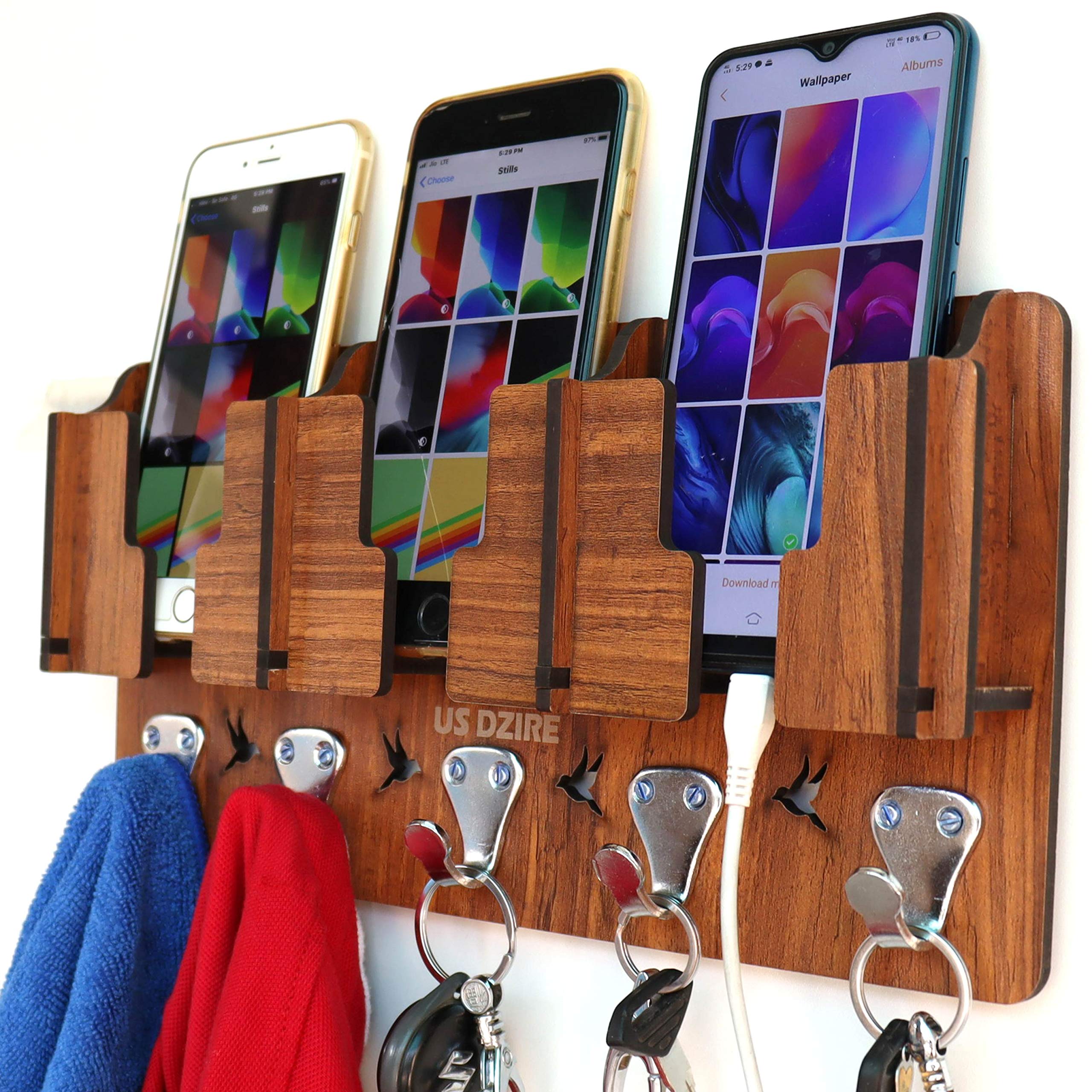 Wooden Key Holder with Charging Stand - Wall Mount Organizer -4