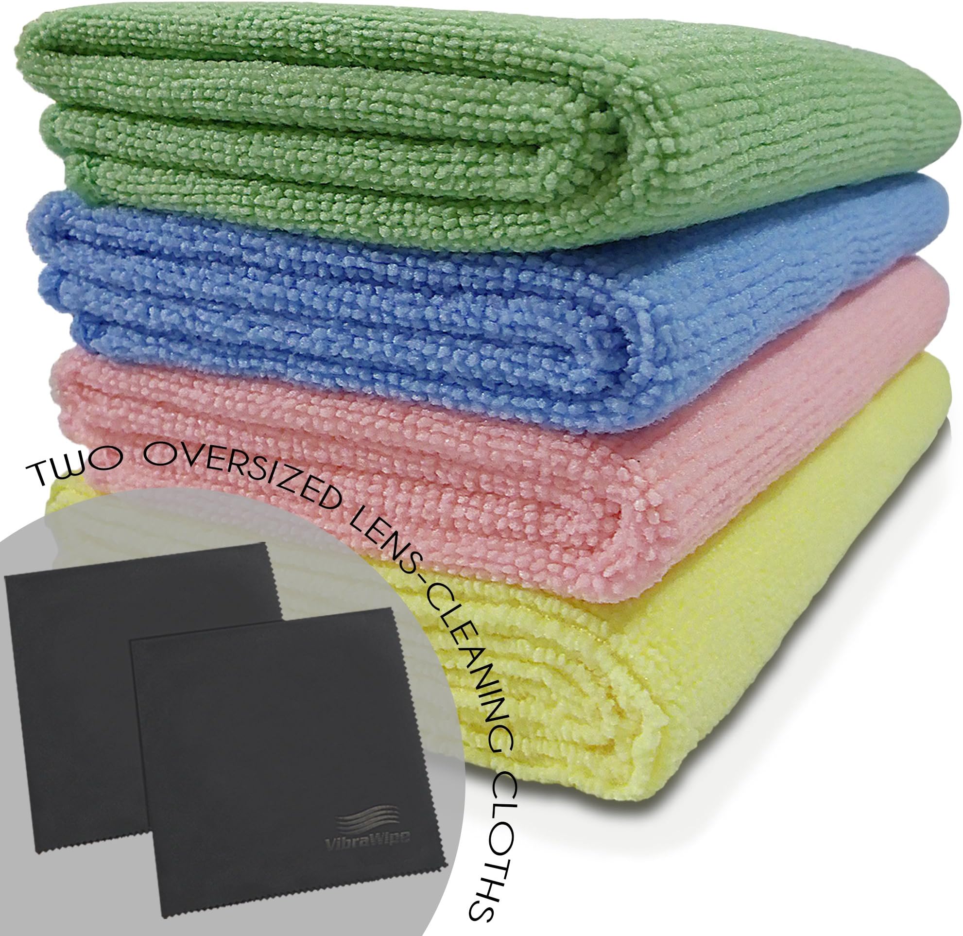 VibraWipe Microfiber Cloth - Starter Pack (6 Cloths). 4 x All-Purpose Cleaning Cloths, 2 x Oversized Lens Cleaning Cloths for LCD, Tablets, Lenses. High Absorbent, Lint & Streak-Free