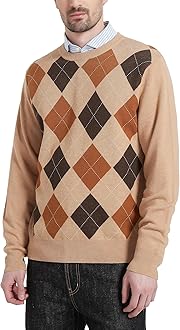 KallspinMen's Crewneck Argyle Knit Jumpers Wool Blend Long Sleeve Sweater Pullovers