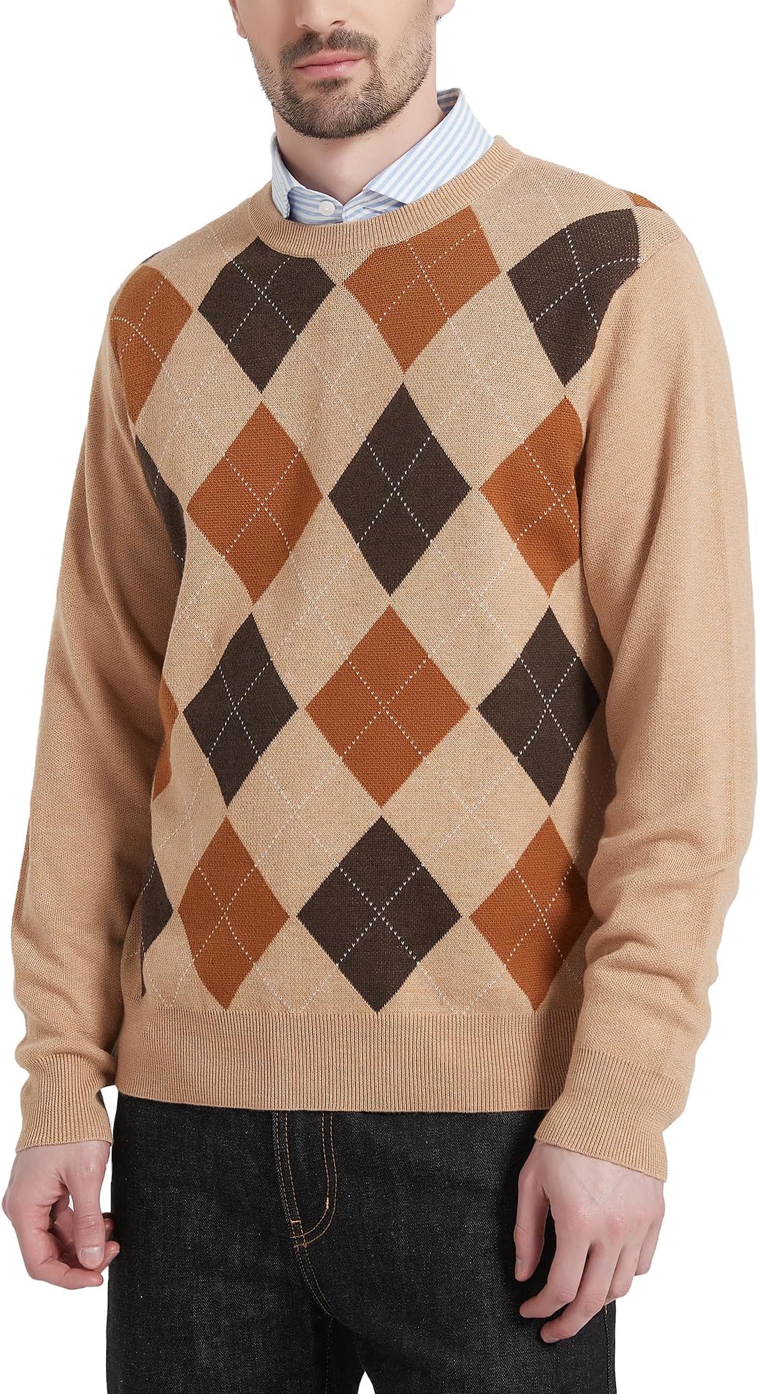Kallspin Men's Wool Blend Crewneck Sweater Argyle Long Sleeve Pullover Sweater for Casual Or Dressy Wear