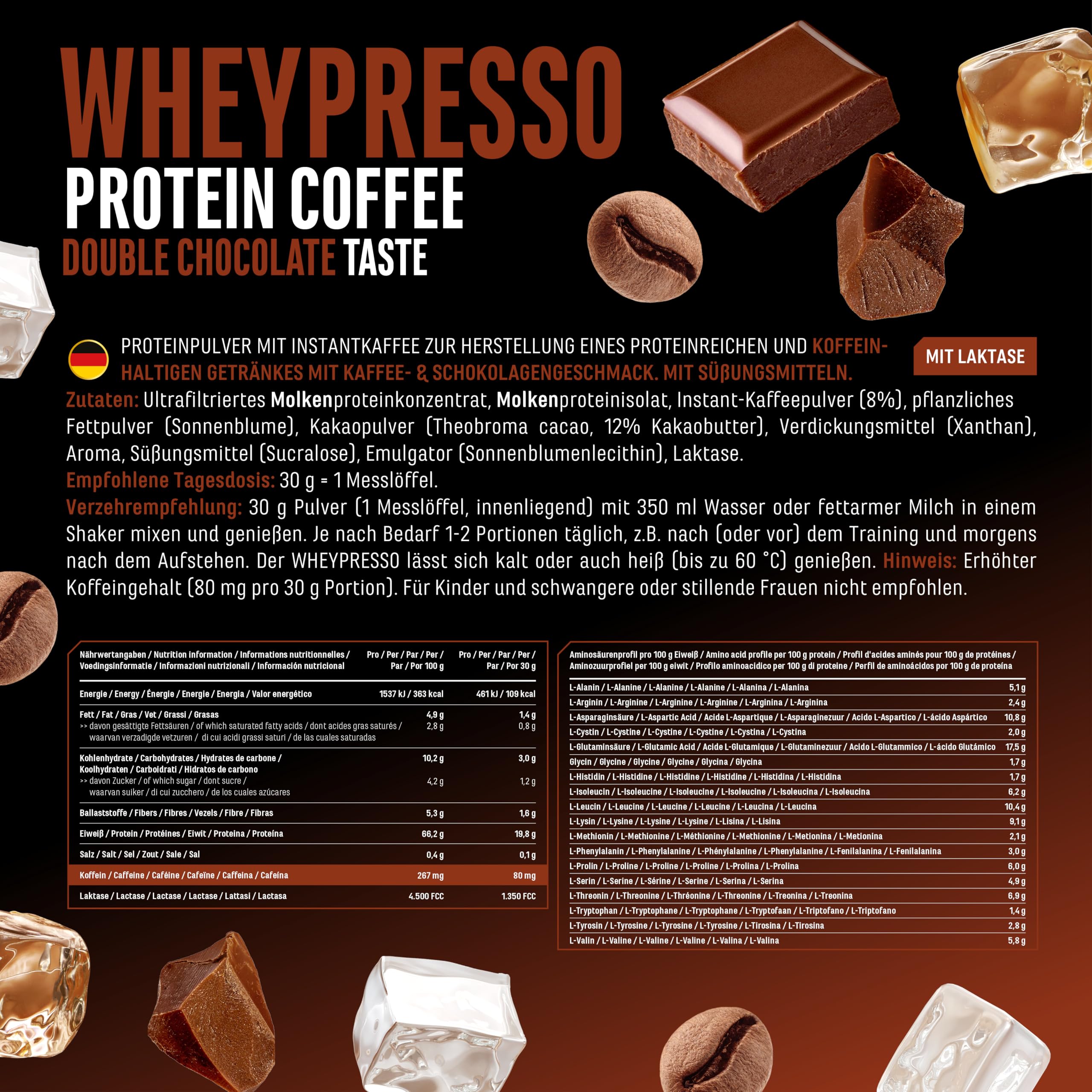 Wheypresso Protein Coffee - Eiweiß-Pulver mit Whey-Konzentrat & Isolat - Mit echtem Kaffee & Koffein - Cremiger High Protein Drink - (908 g, Double Chocolate Flavour)
