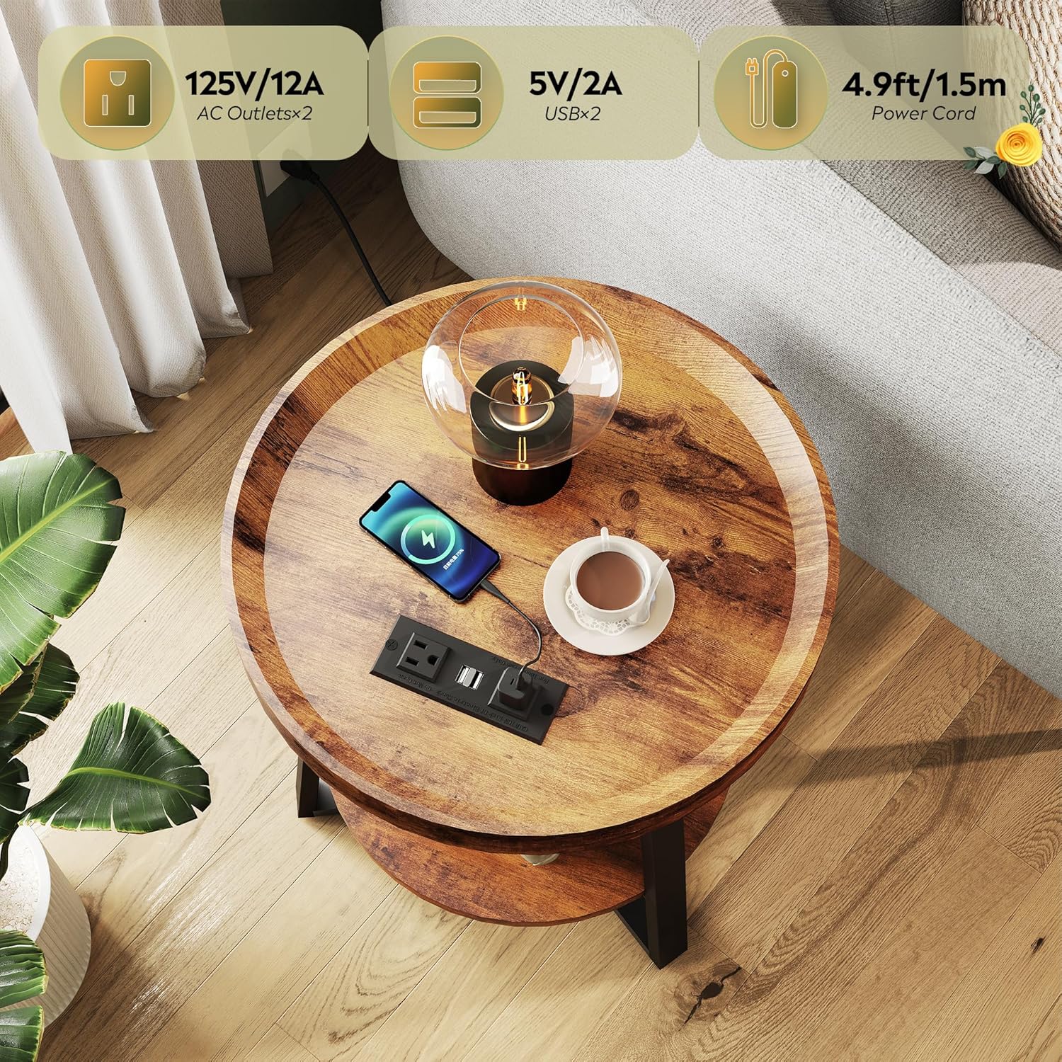 WLIVE Small Round Side Table with Charging Station, Round Coffee Table, 2 Tier End Table for Living Room/Bedroom, Sofa Couch, Easy to Assemble, Wood Tabletop & Metal Frame, Rustic Brown