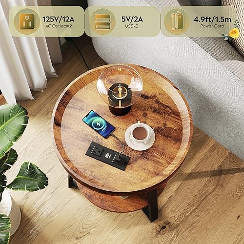 Miniatura 4 de WLIVE Mesa auxiliar redonda con estación de carga, mesa auxiliar redonda pequeña, mesa auxiliar de 2 niveles para sala de estar/dormitorio, sofá,