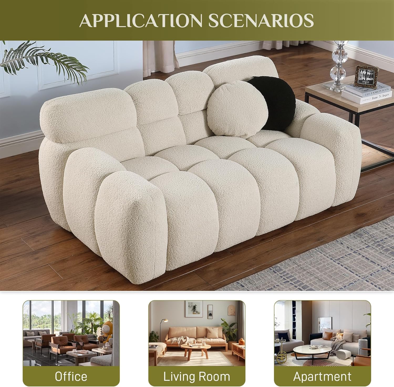Wrofly 65" Boucle Loveseat Sofa, Comfy Upholstered Sherpa Deep Seat Cloud Couch, Cozy Modern Tufted 2-Seater Love Seat with 2 Pillows for Living Room Apartment Bedroom, Beige White