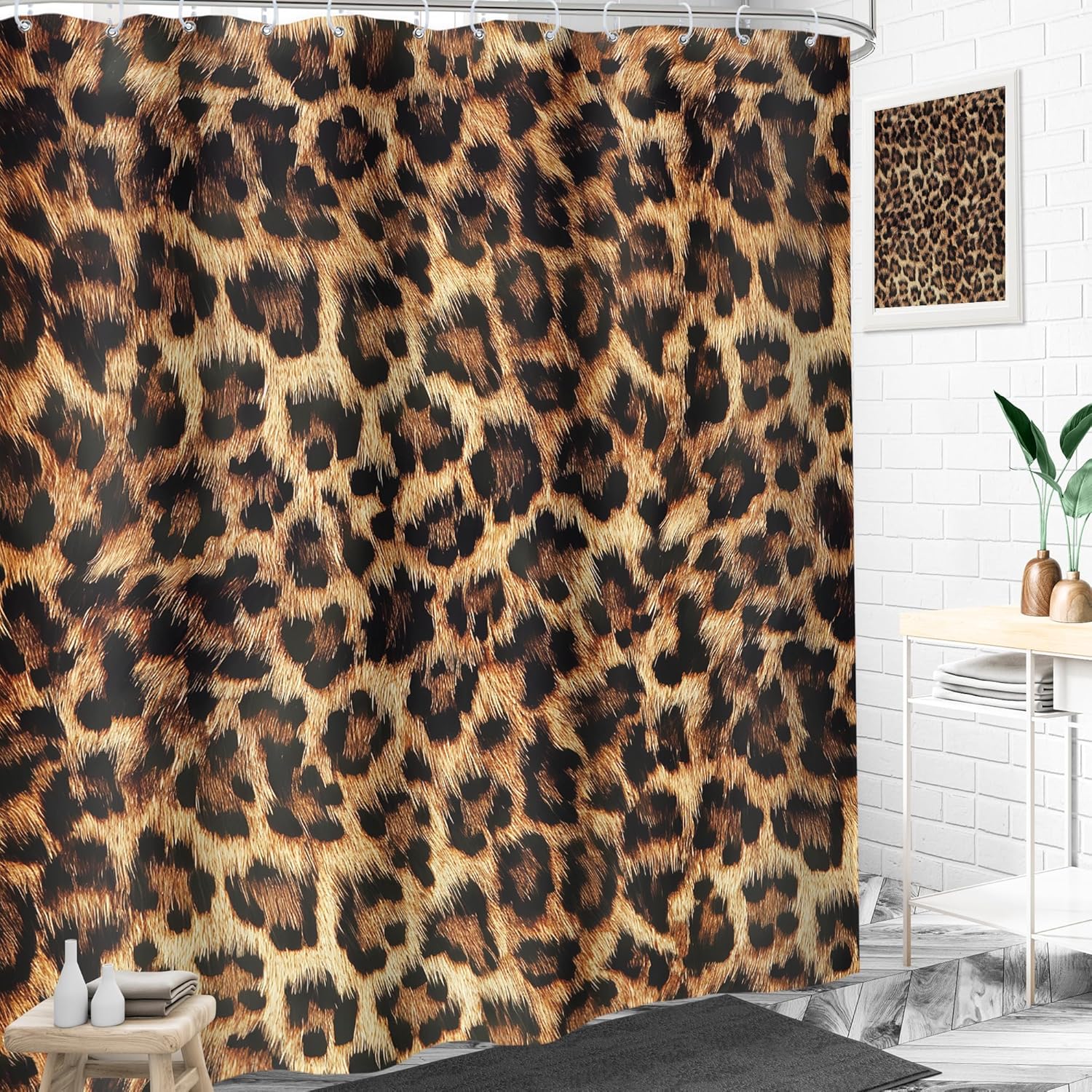 LIGHTINHOME Extra Long Leopard Print Shower Curtain 72Wx84H Inches Wild Safari Powerful Cheetah Cat Panthera Black Brown Wildlife Cloth Fabric Waterproof Polyester Bathroom Home Decor Set with Hooks