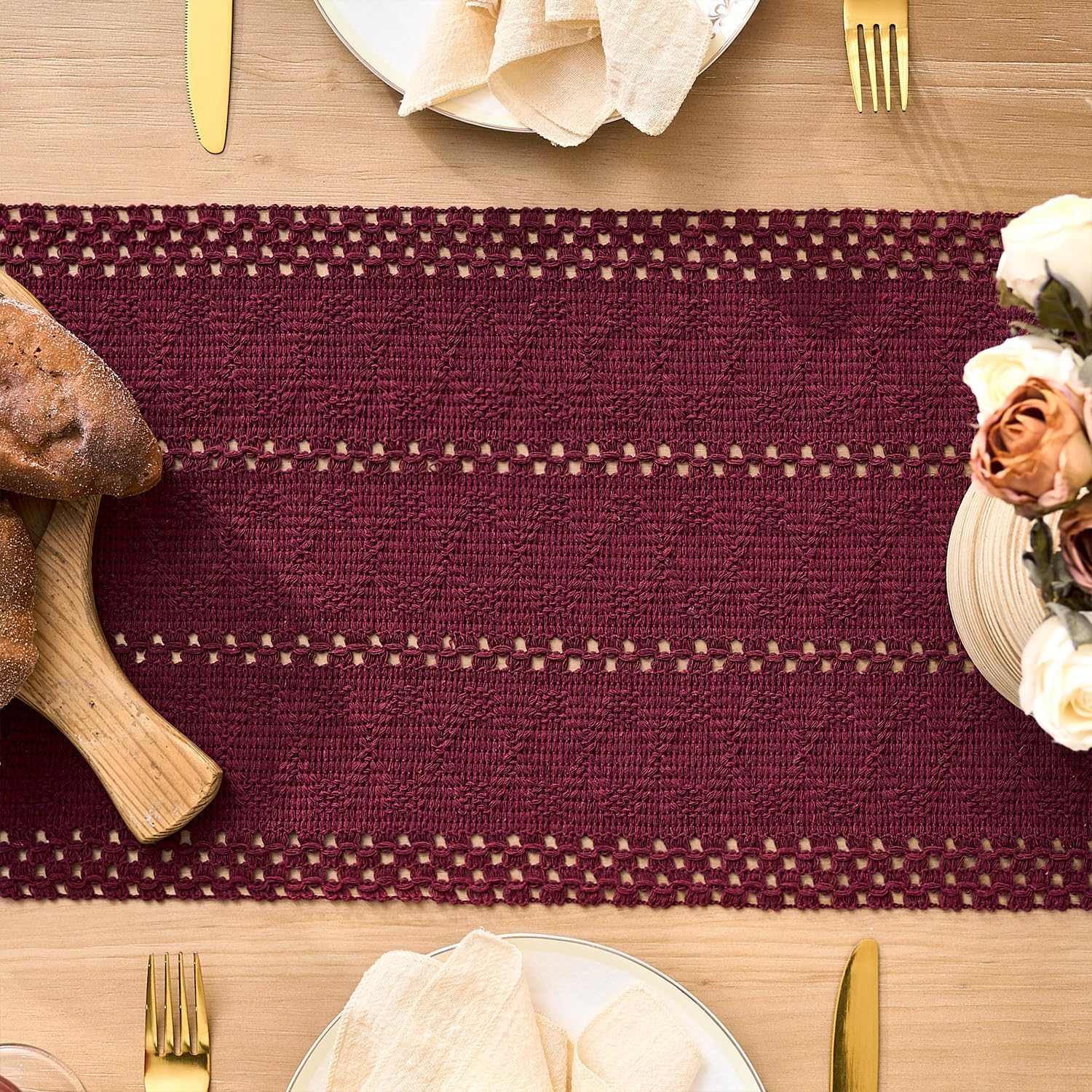 Spring Boho Red Bordeaux Table Runner with Tassels Macrame Farmhouse Style Kitchen Dining Table Wedding Decoration Table Runner for Indoor Outdoor Party 30 x 140 cm