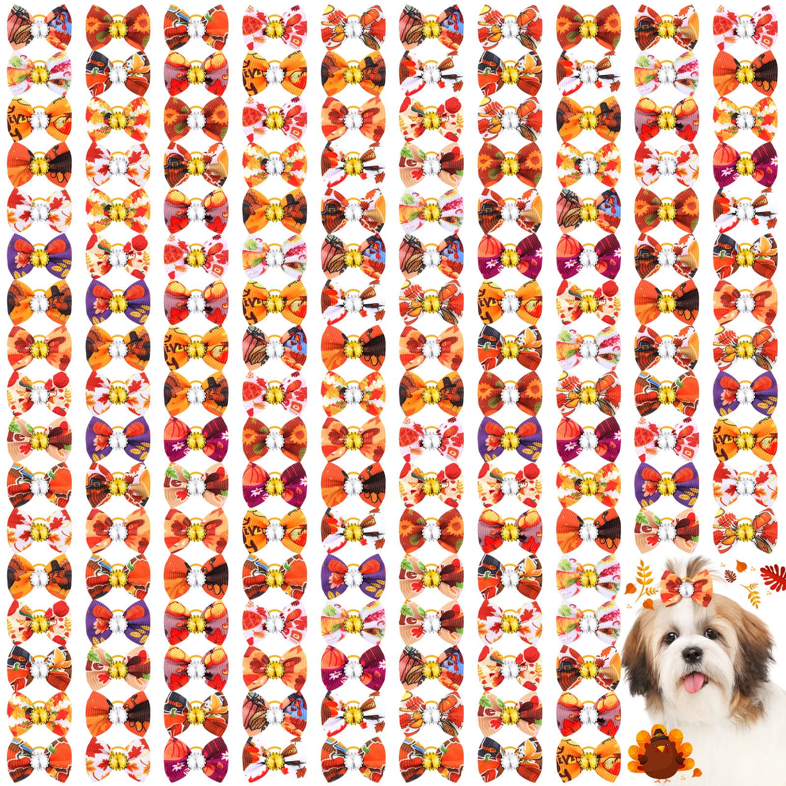 Sadnyy 160 Pcs Thanksgiving Dog Hair Bows Bulk with Rubber Bands Fall Autumn Small Puppy Dog Grooming Bows