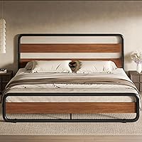 Vista 6 de SHA CERLIN - Estructura de cama de tamaño king de metal con cabecero y pie de cama de madera, estructura de cama de plataforma resistente