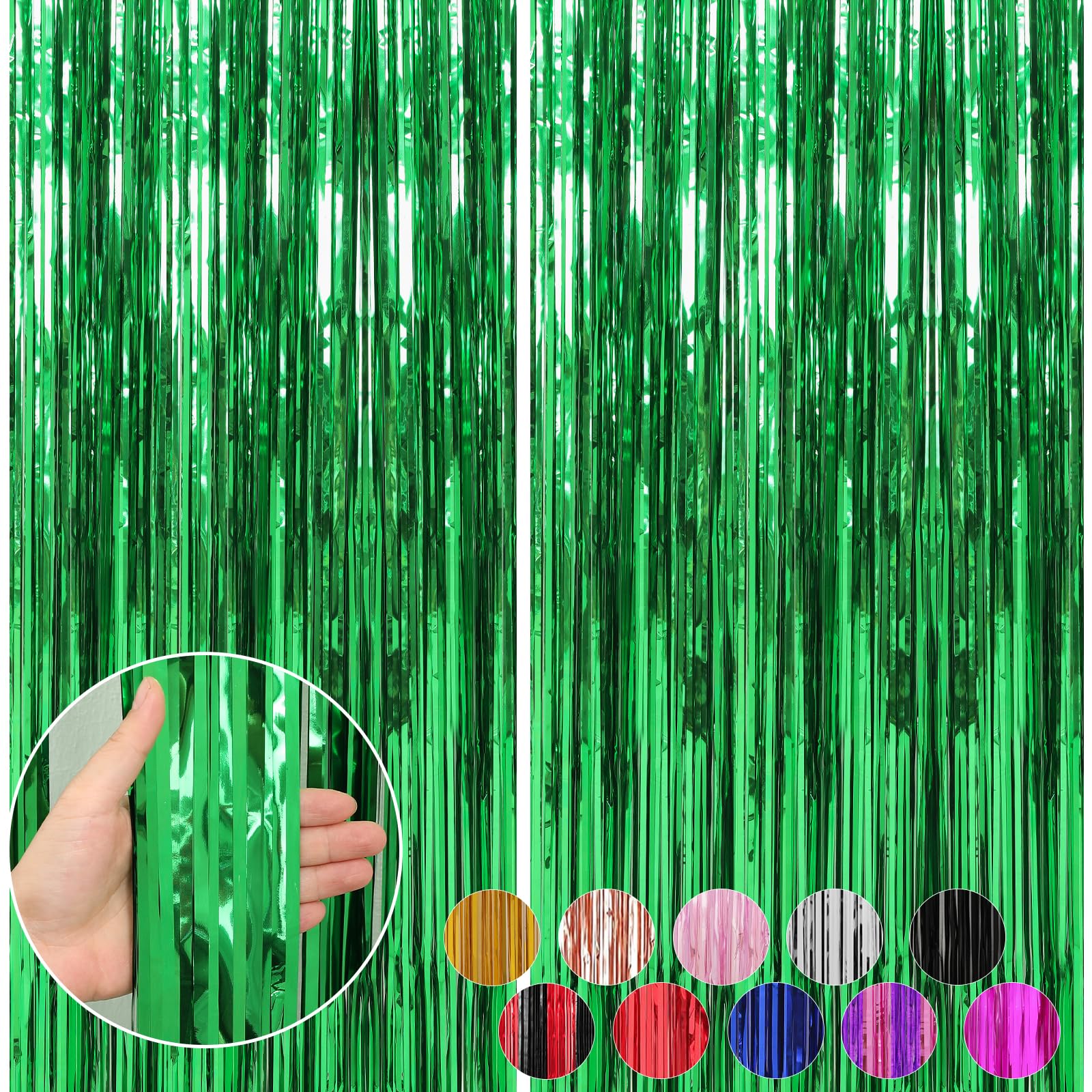 Crosize 2 Pack Green Party Streamers Backdrop, 3.3 x 9.9 ft | Tinsel Foil Fringe Curtain, Birthday Decorations, Party Decor, Door Streamers, Patrick's Day Christmas Party Decorations