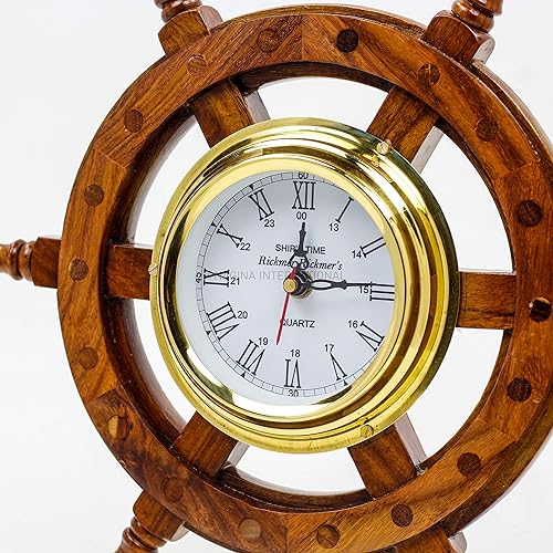 Miniatura 8 de Nagina International, Deluxe Class - Reloj de rueda de barco de madera y latón de 12" - Decoración náutica para el hogar