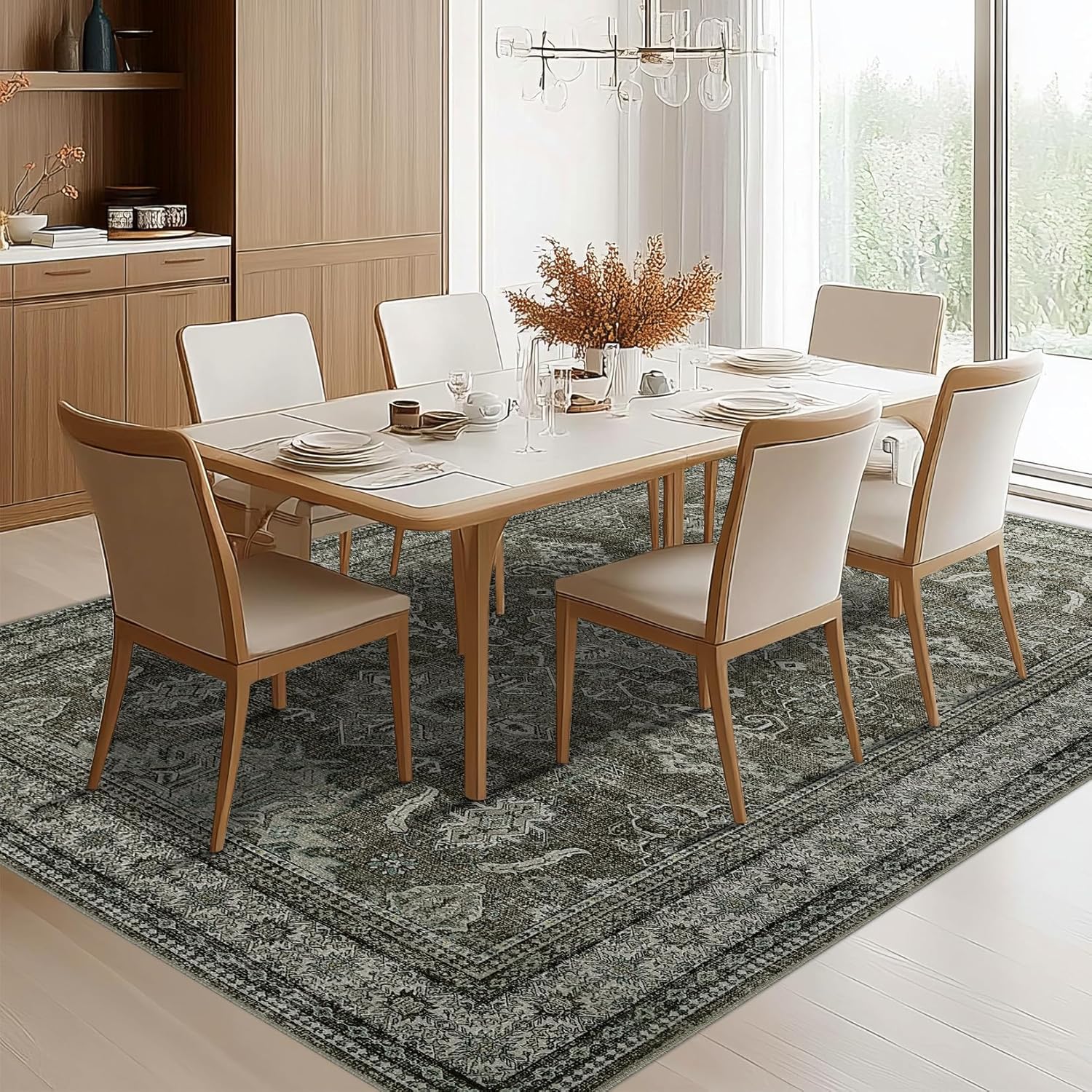MilleLomm 9x12 Large Living Room Rug Boho Vintage Distressed Area Rug Low-Pile Soft Accent Throw Carpet Stain Resistant Non-Shedding Non Slip Mat for Bedroom Dining Room Office,Green