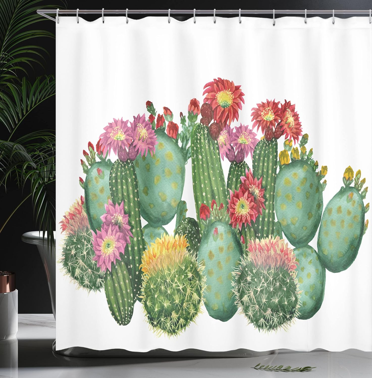 Ambesonne Cactus Shower Curtain, Saguaro Cask Hedge Hog and a Prickly Pear Tropical Types of Botany Opuntia Garden Plants, Cloth Fabric Bathroom Decor Set with Hooks, 69" W x 70" L, Green Multicolor