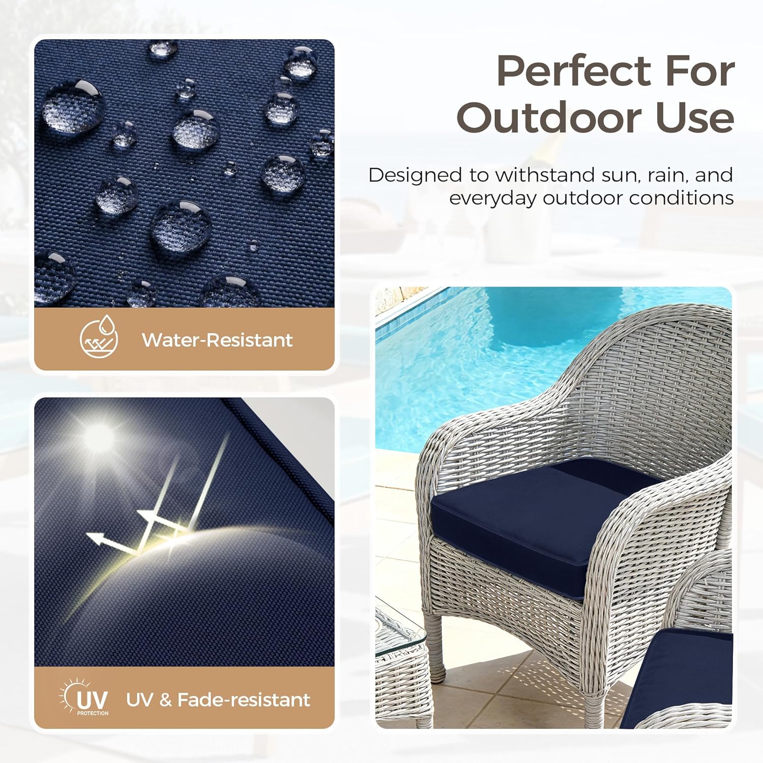 UNIKOME Outdoor Chair Cushions Set of 4, Water Resistant Patio Seat Cushions with Ties for Outdoor Furniture, High-Density Foam, UV & Fade Resistant, Piped Edge – 19" x 19" x 3", Navy