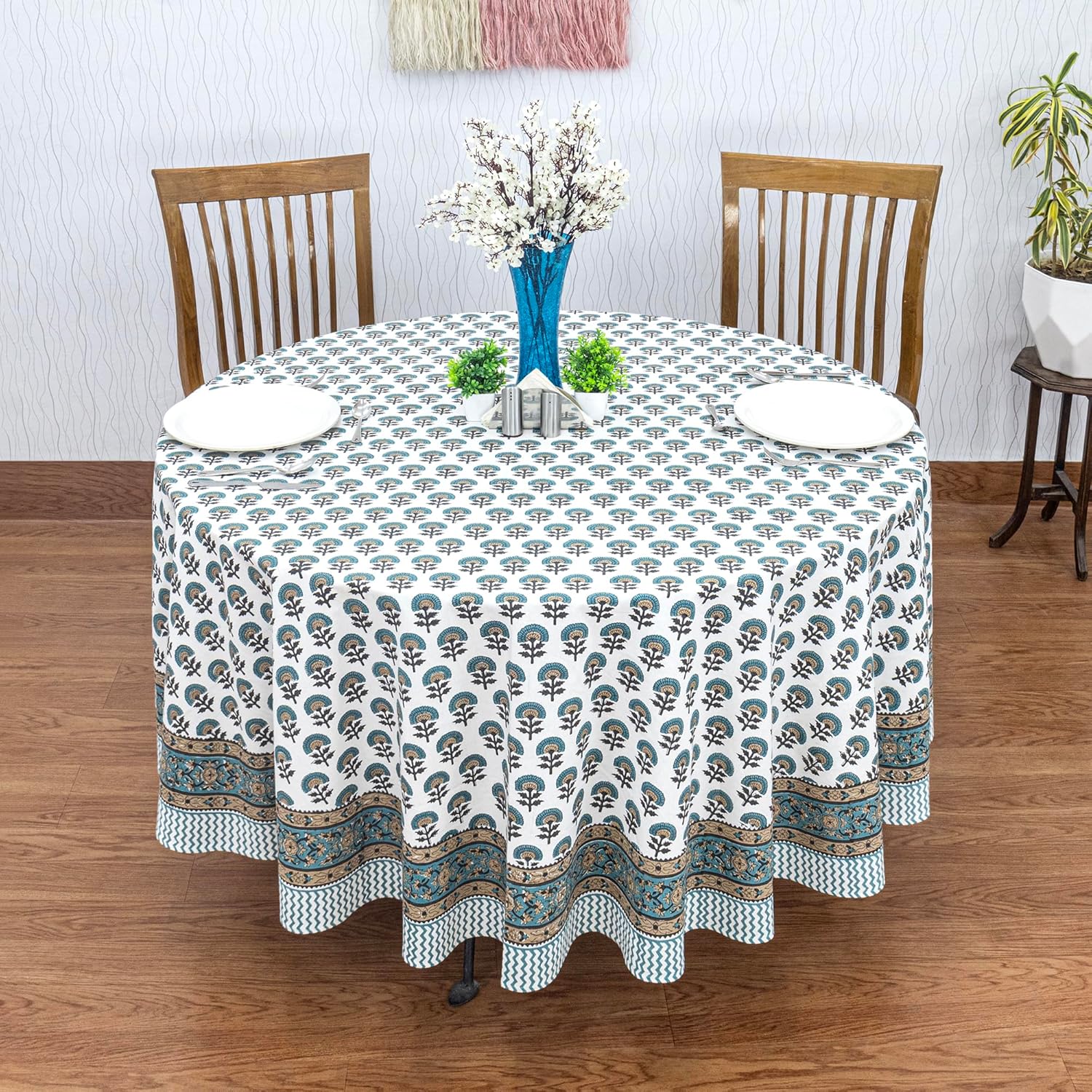 60 Inches Round Hand Block Printed Cotton Tablecloth, Blue Yellow Floral Table Cloths Washable, Indian Table Linen Home Decor Dinning Outdoor - Image 2