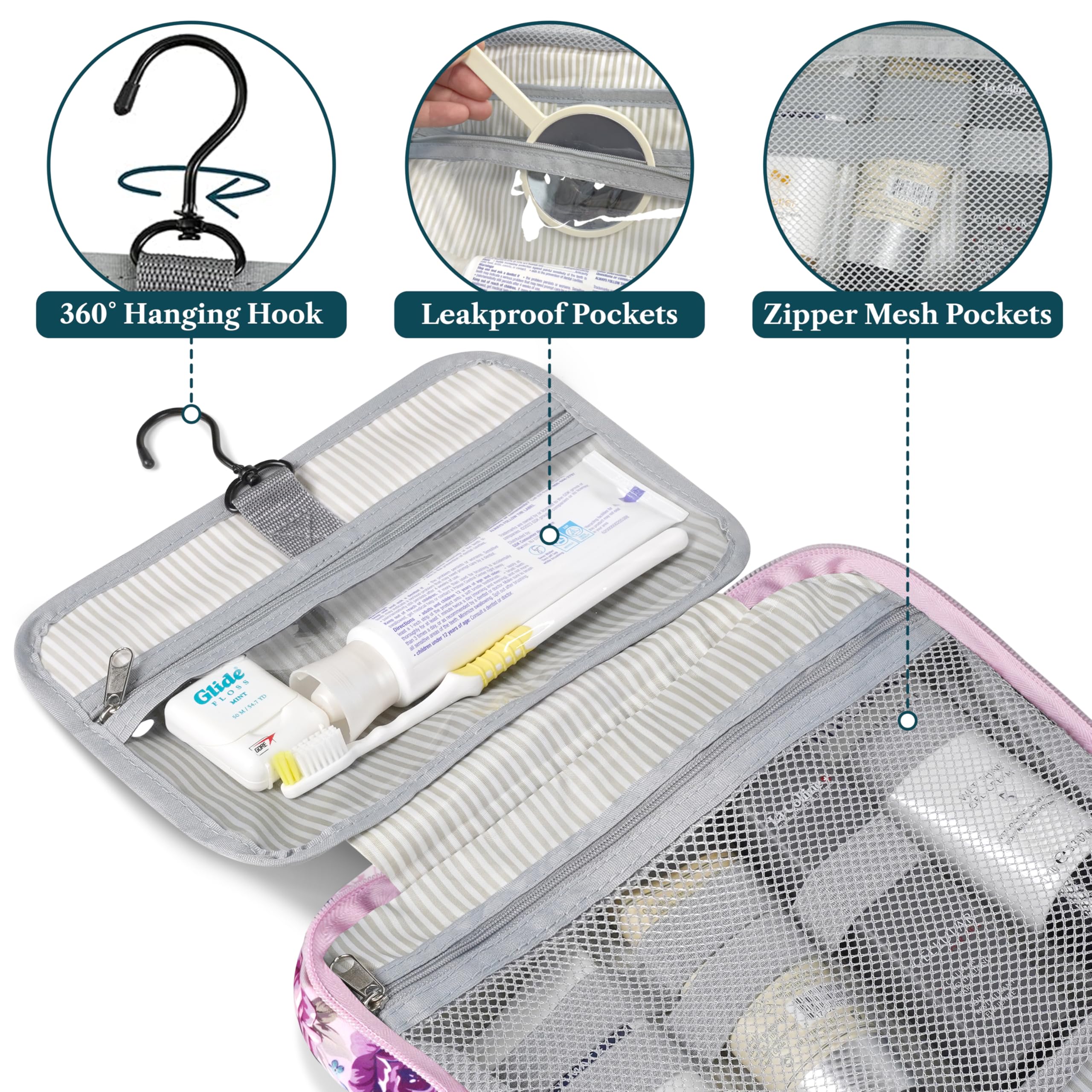 PAVILIA Borsa da toilette da appendere borsa da viaggio donna e uomo, organizer pieghevole per cosmetici, borsa per il trucco resistente all'acqua, accessori da toeletta, grande kit essenziale da