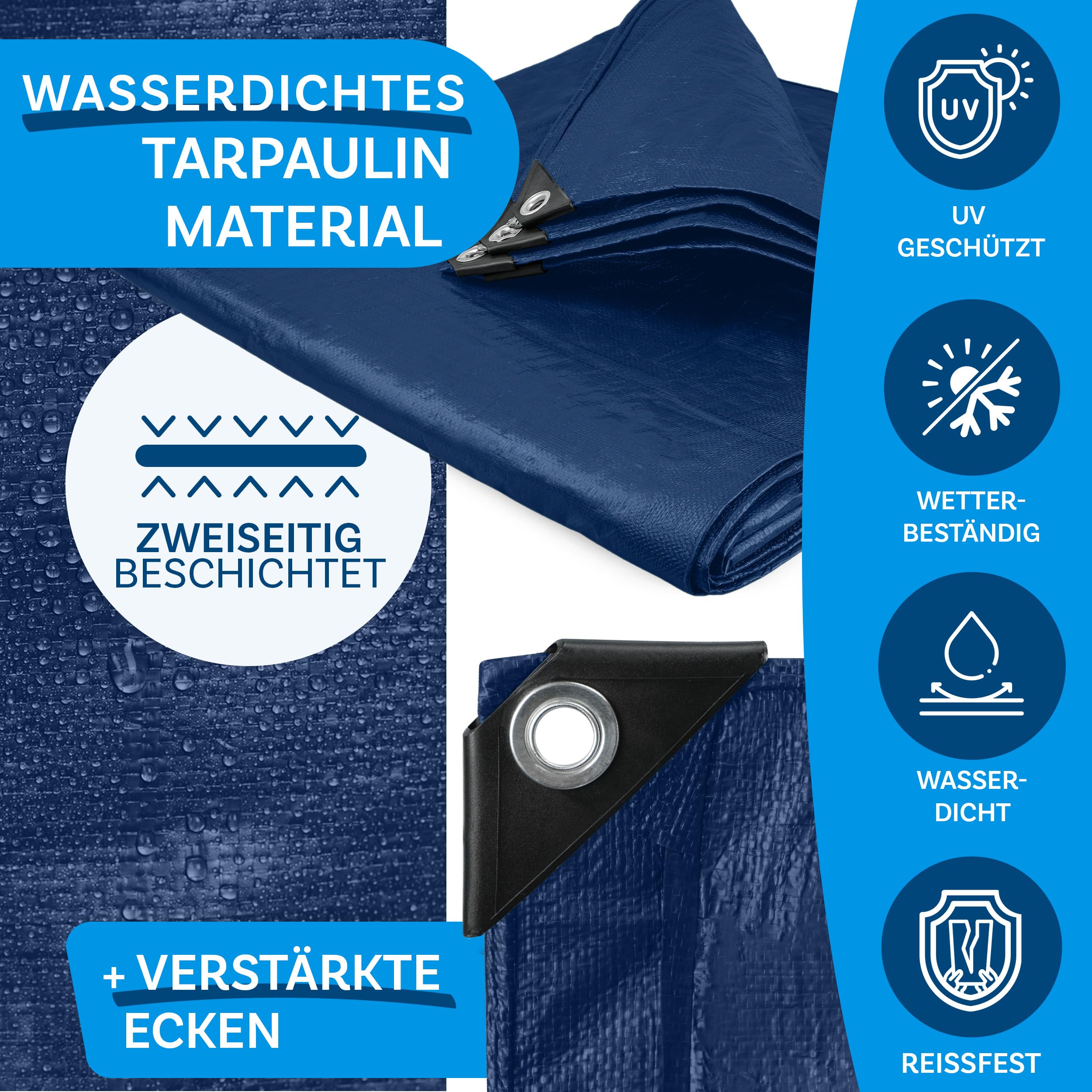 Floordirekt | Toile multiusage avec Oeillets | Bâche de Protection | Toile de Tente pour Le Camping et Le Jardin, imperméable | Bleu, 6m x 10m = 60m² (240 g/m²)
