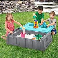 Vista 2 de Simplay3 Sand and Water - Banco para niños, mesa de arena y agua 2 en 1 con banco de almacenamiento al aire libre, gris y verde azulado