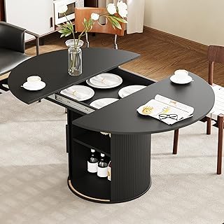 43"-59" Extendable Round to Oval Dining Table with Hidden Storage, Modern Wooden Kitchen Table with Fluted Sliding Door Cabinet, Expandable Dinner Table for Dining Room Living Room (Black)