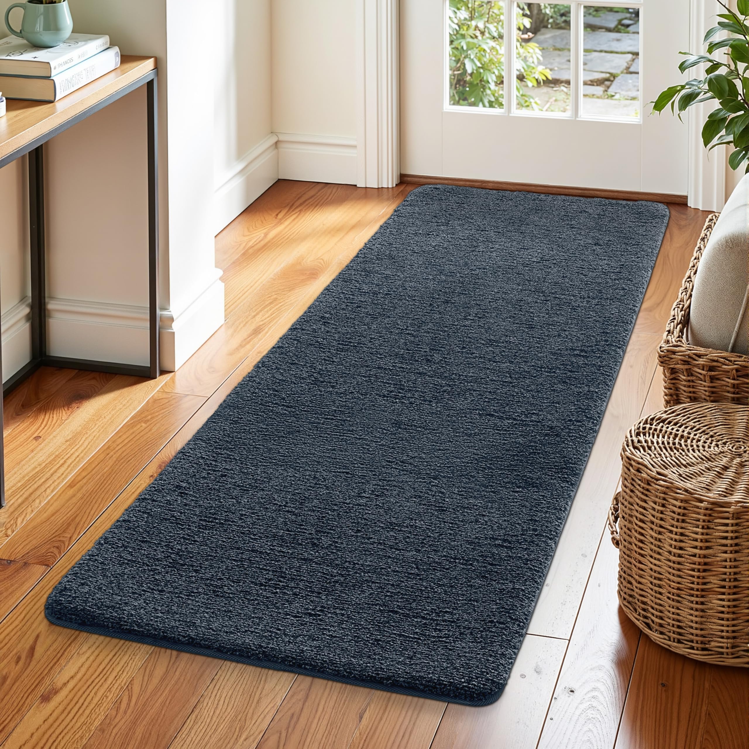 DEXI Flur Teppich Läufer 60 x 180 cm, rutschfeste Fußmatte Innen, Maschinenwaschbare Schmutzfangmatte, Saugstarke Türmatte, Sauberlaufmatte, Eingangsteppich für Hund, Haustür, Küchen, Blau-schwarz