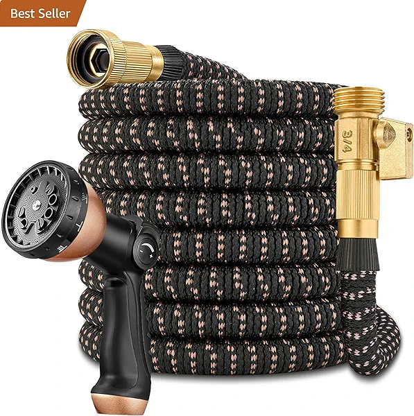 25ft Garden Hose – 2025 Upgarded Expandable Garden Hose w/10 Pattern Thumb Spray Nozzle, 650psi Pure Brass 3/4” Fittings – Lightweight, Durable, and Kink-Free(Black Rose Gold)